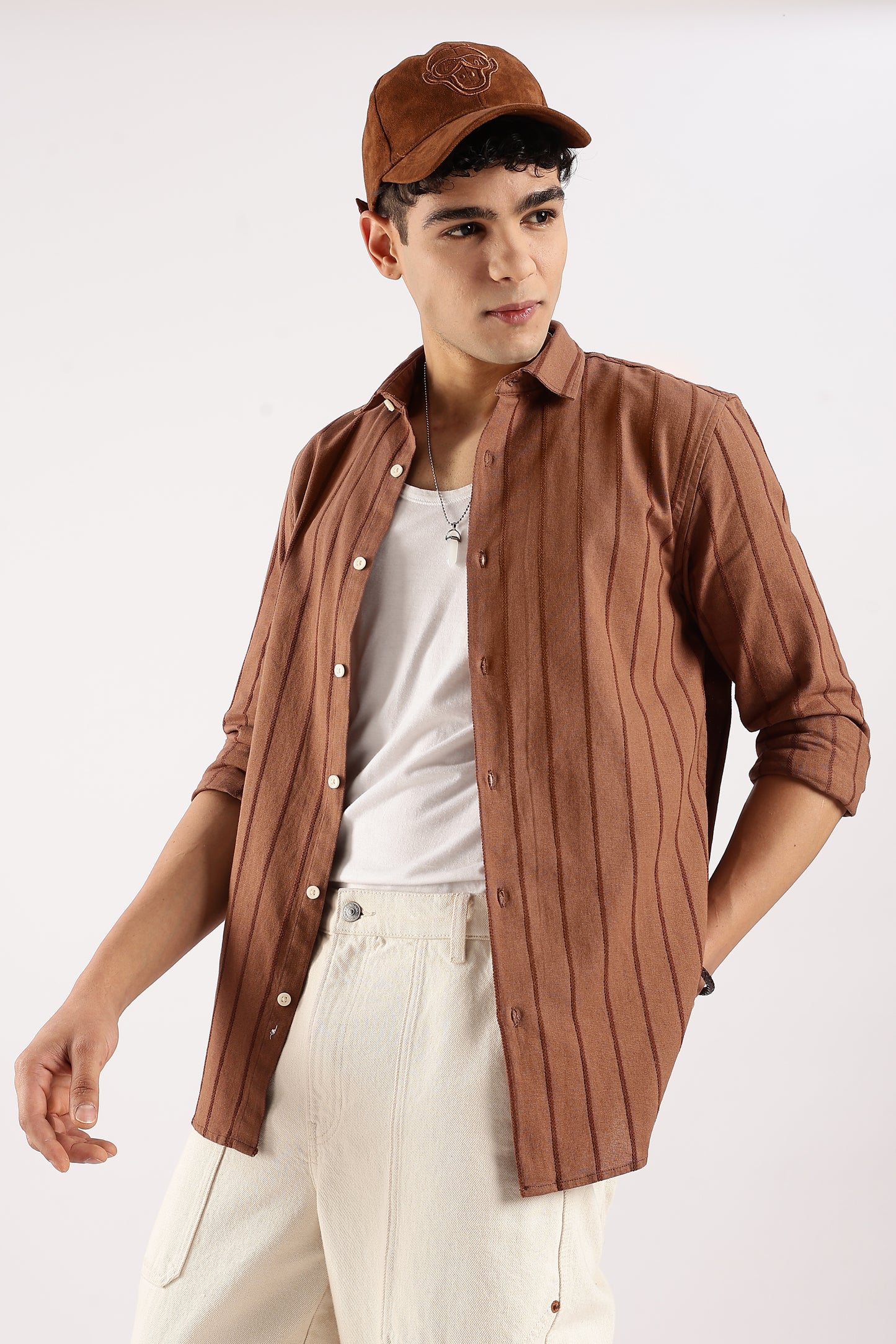 Cotton Self-Striped Slim Fit Shirt Brown