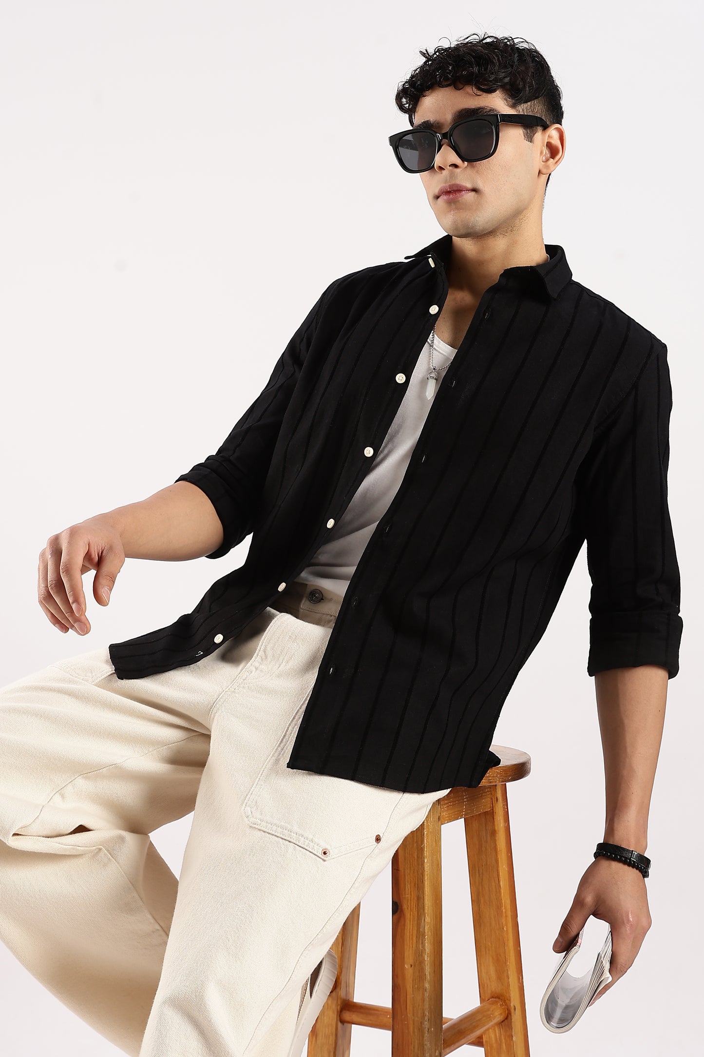Cotton Self-Striped Slim Fit Shirt Black