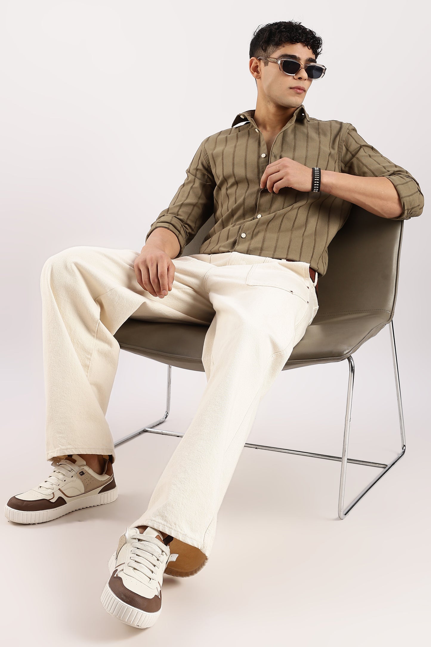 Cotton Self-Striped Slim Fit Shirt Green