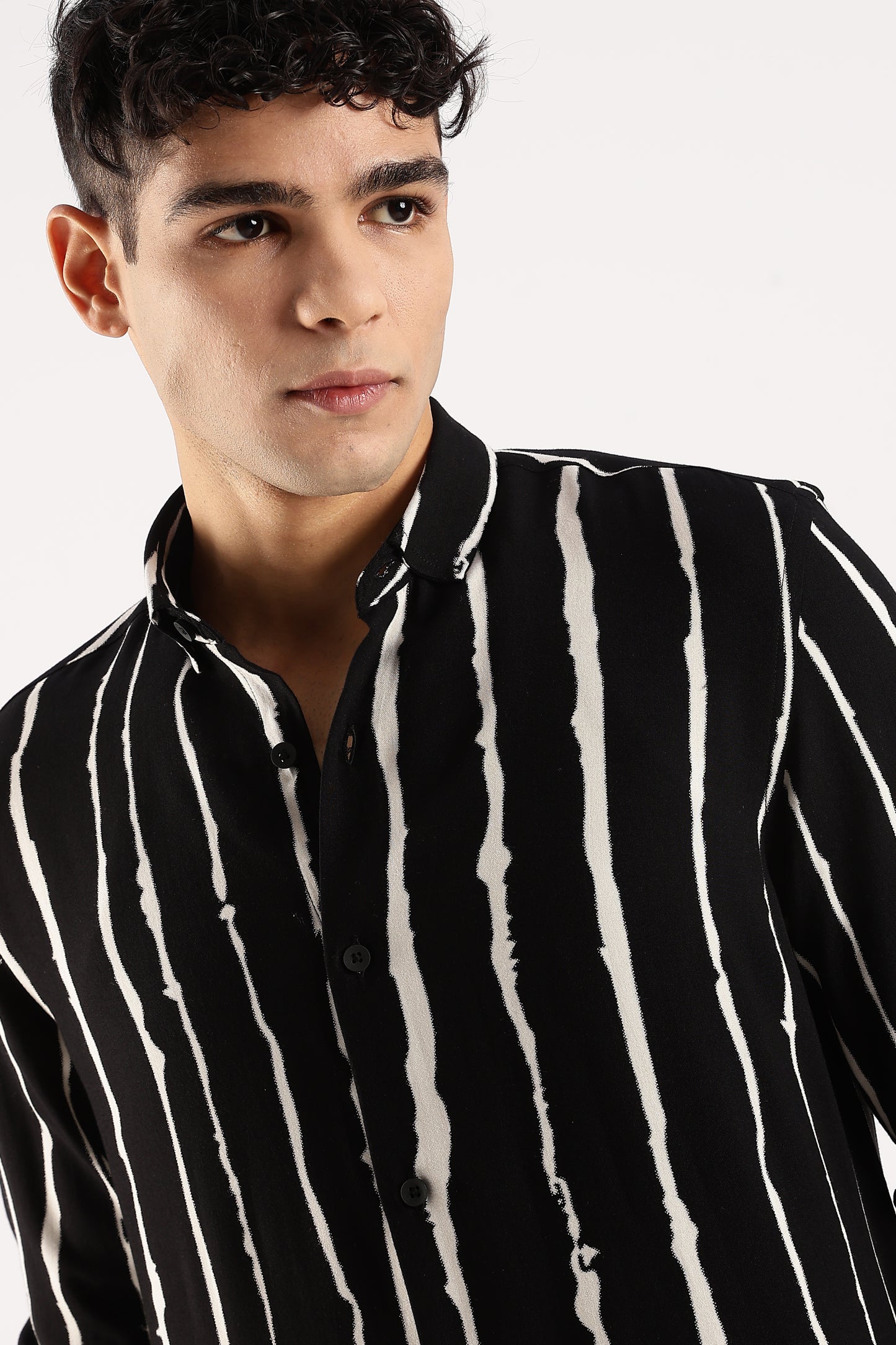 Viscose Slim Fit Striped Shirt Black