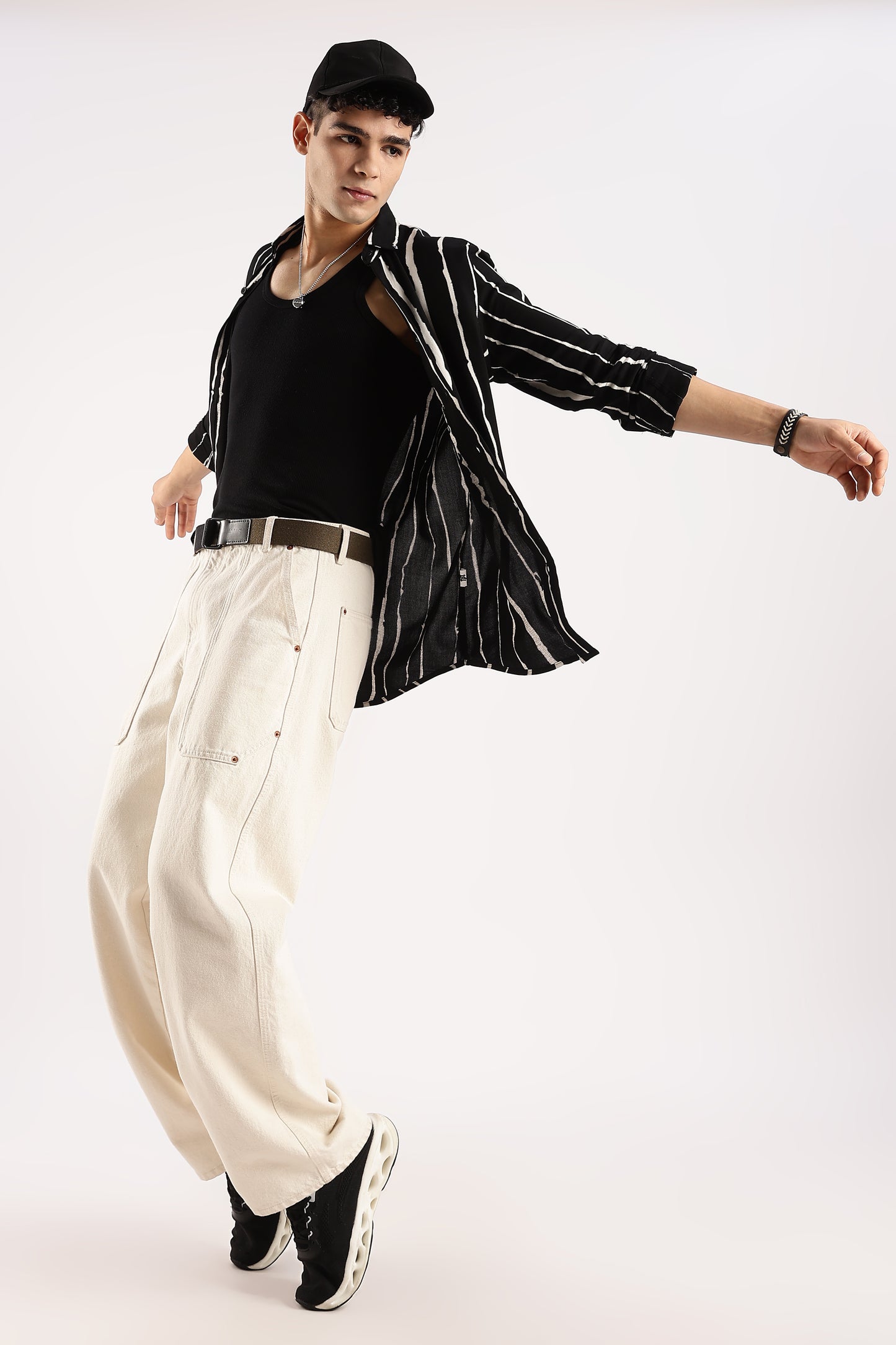 Viscose Slim Fit Striped Shirt Black