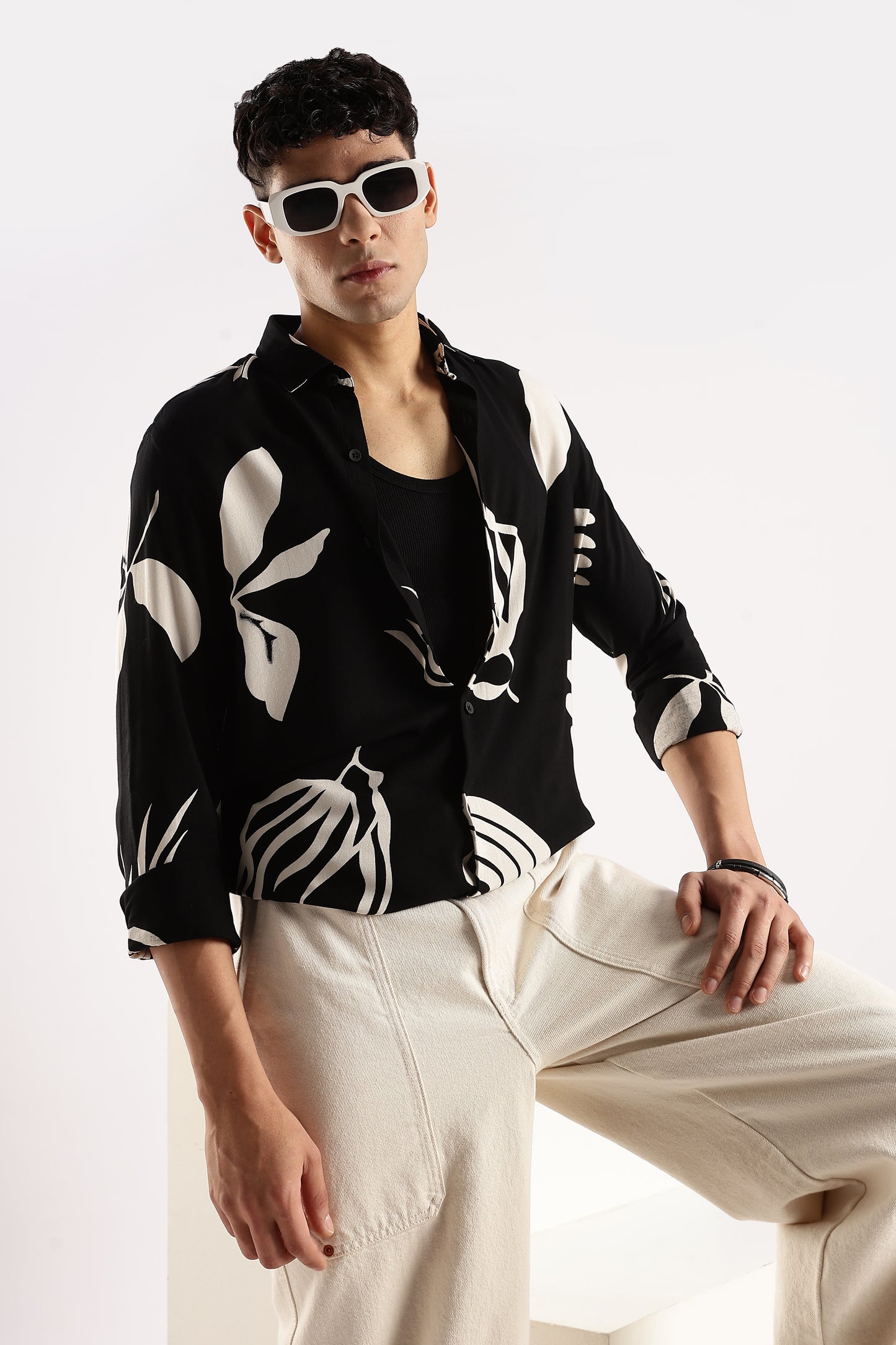 Viscose Slim Fit printed Shirt Beige/Black