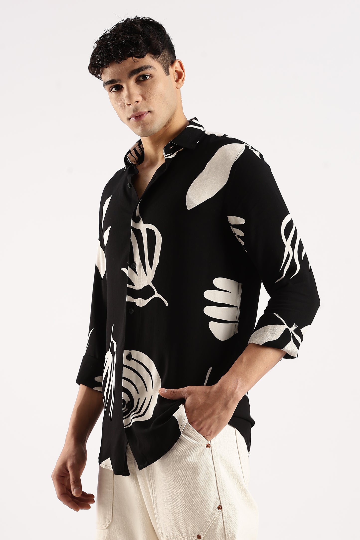 Viscose Slim Fit printed Shirt Beige/Black