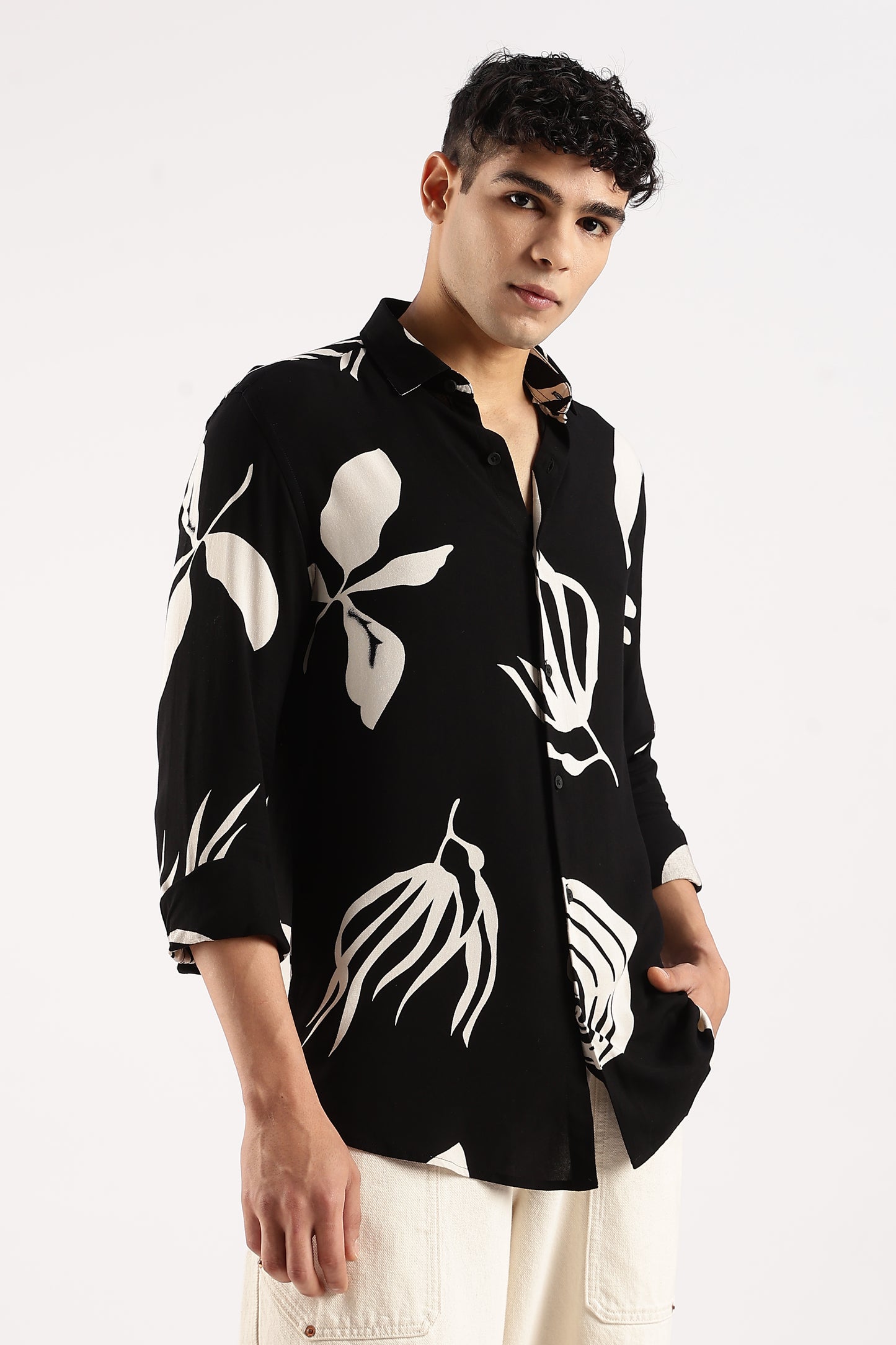 Viscose Slim Fit printed Shirt Beige/Black