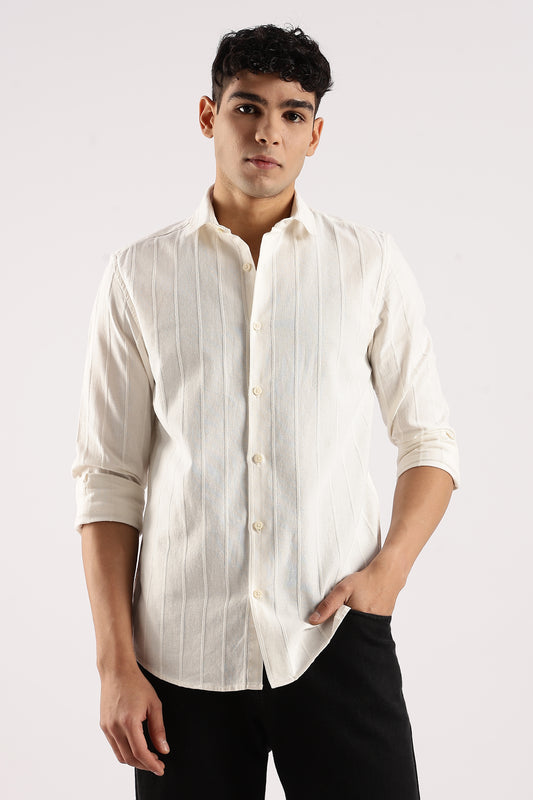 Cotton Self-Striped Slim Fit Shirt Off White