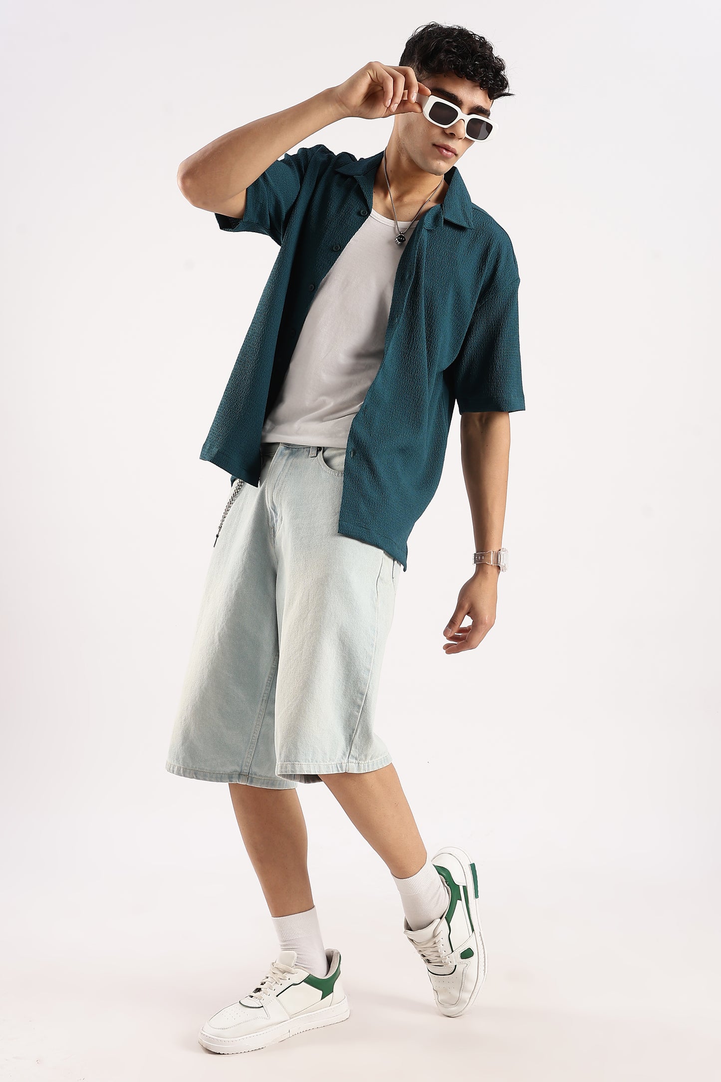 Poly Textured Oversized Shirt Dk Green