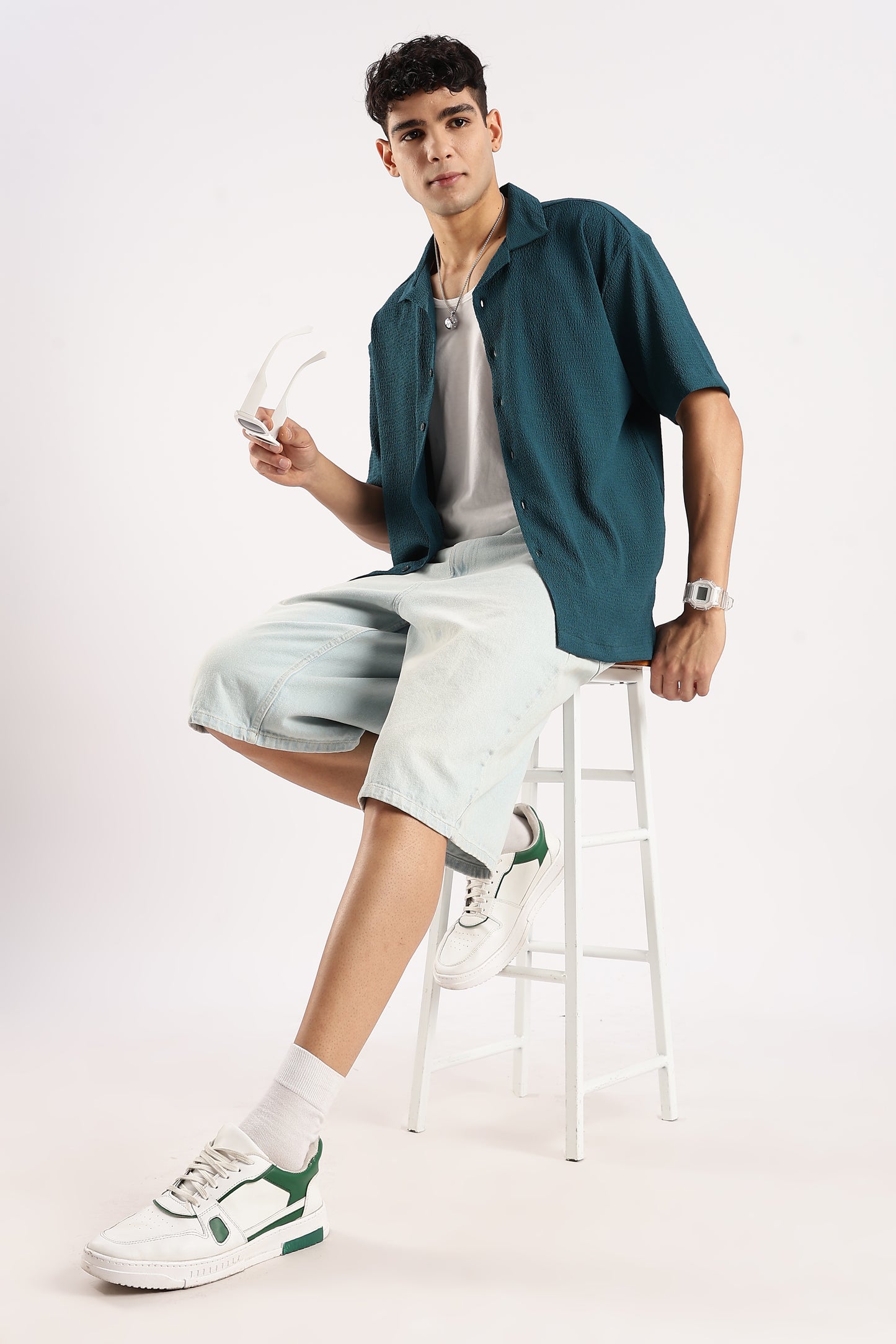 Poly Textured Oversized Shirt Dk Green