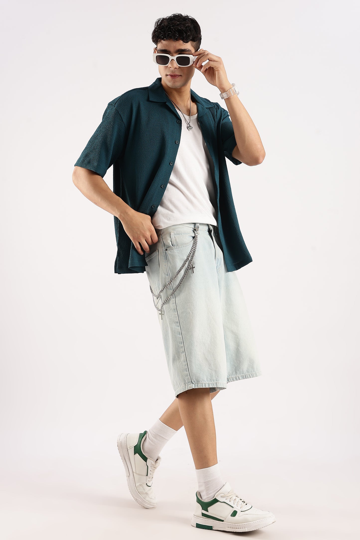 Poly Textured Oversized Shirt Dk Green