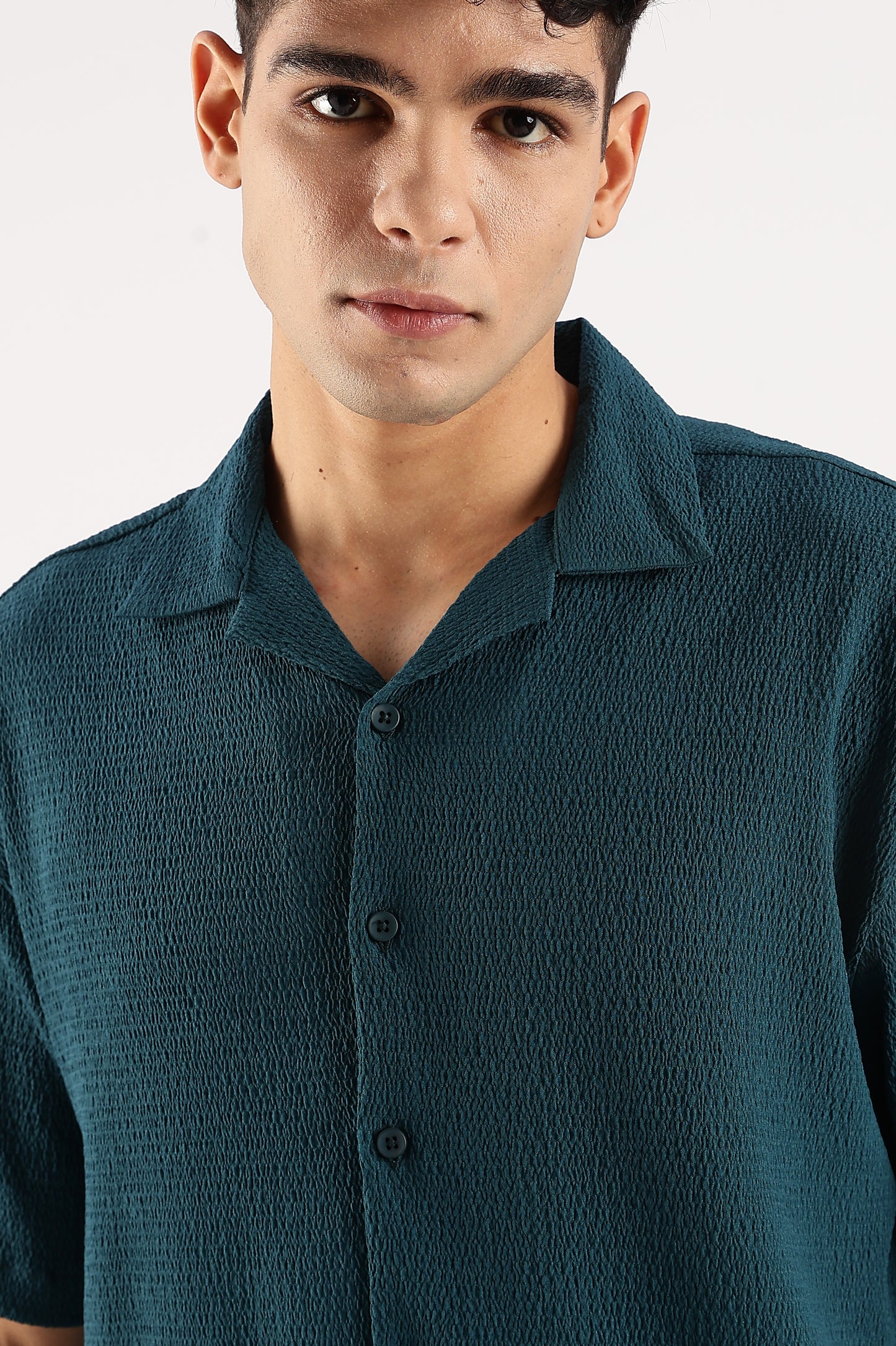 Poly Textured Oversized Shirt Dk Green