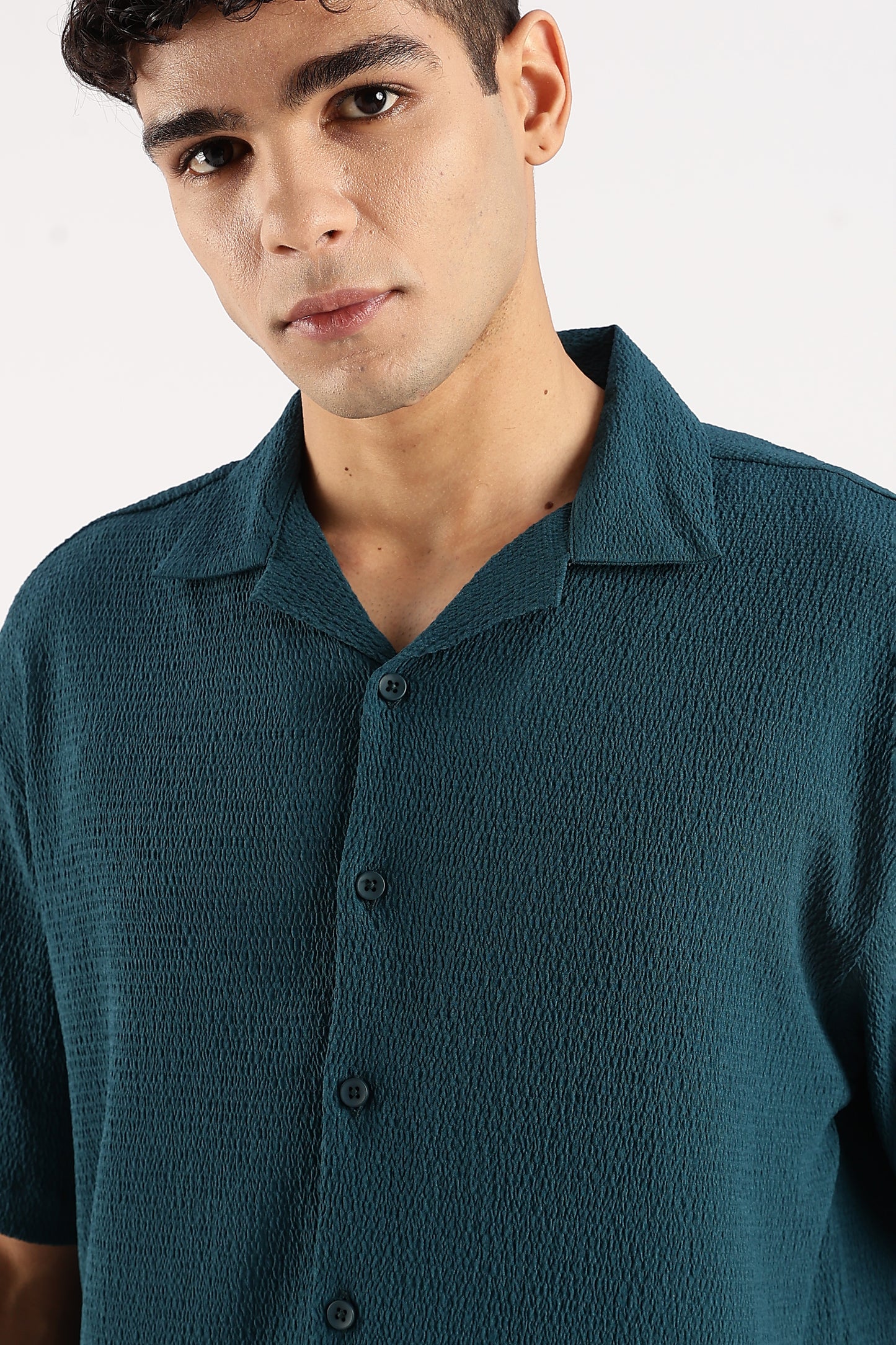 Poly Textured Oversized Shirt Dk Green