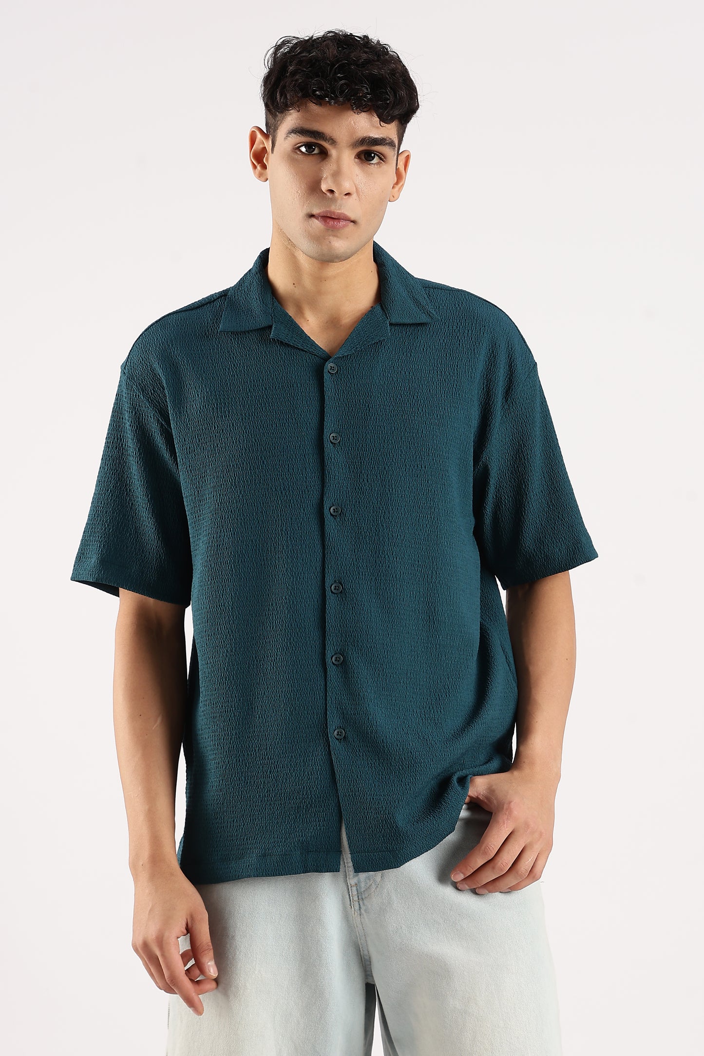 Poly Textured Oversized Shirt Dk Green