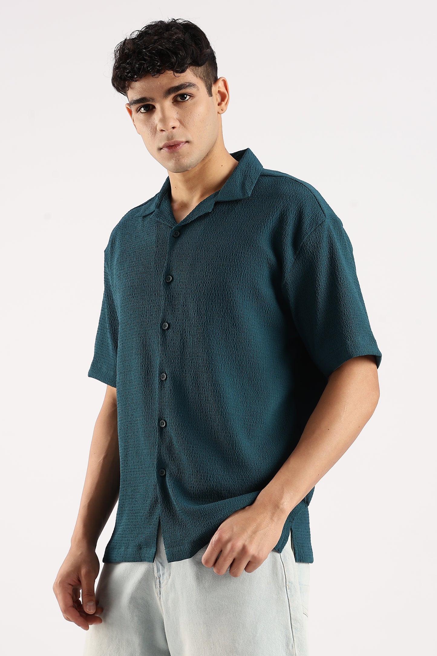 Poly Textured Oversized Shirt Dk Green