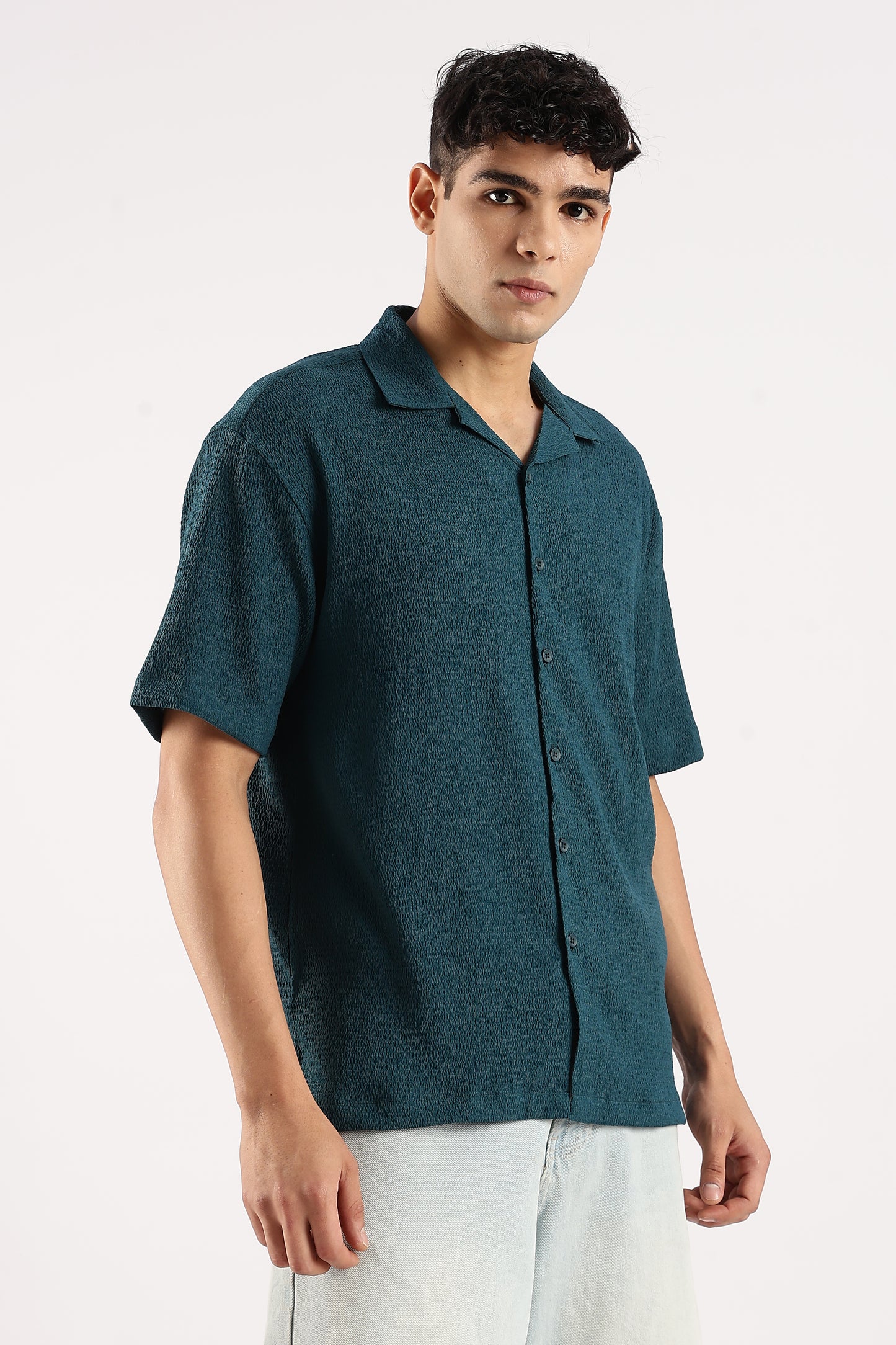 Poly Textured Oversized Shirt Dk Green
