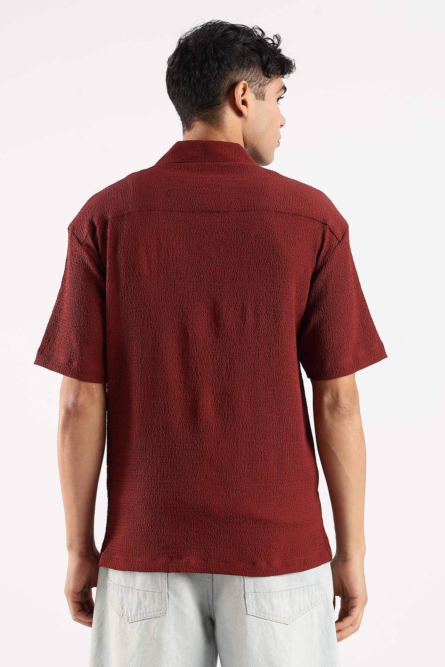 Poly Textured Oversized Shirt Maroon