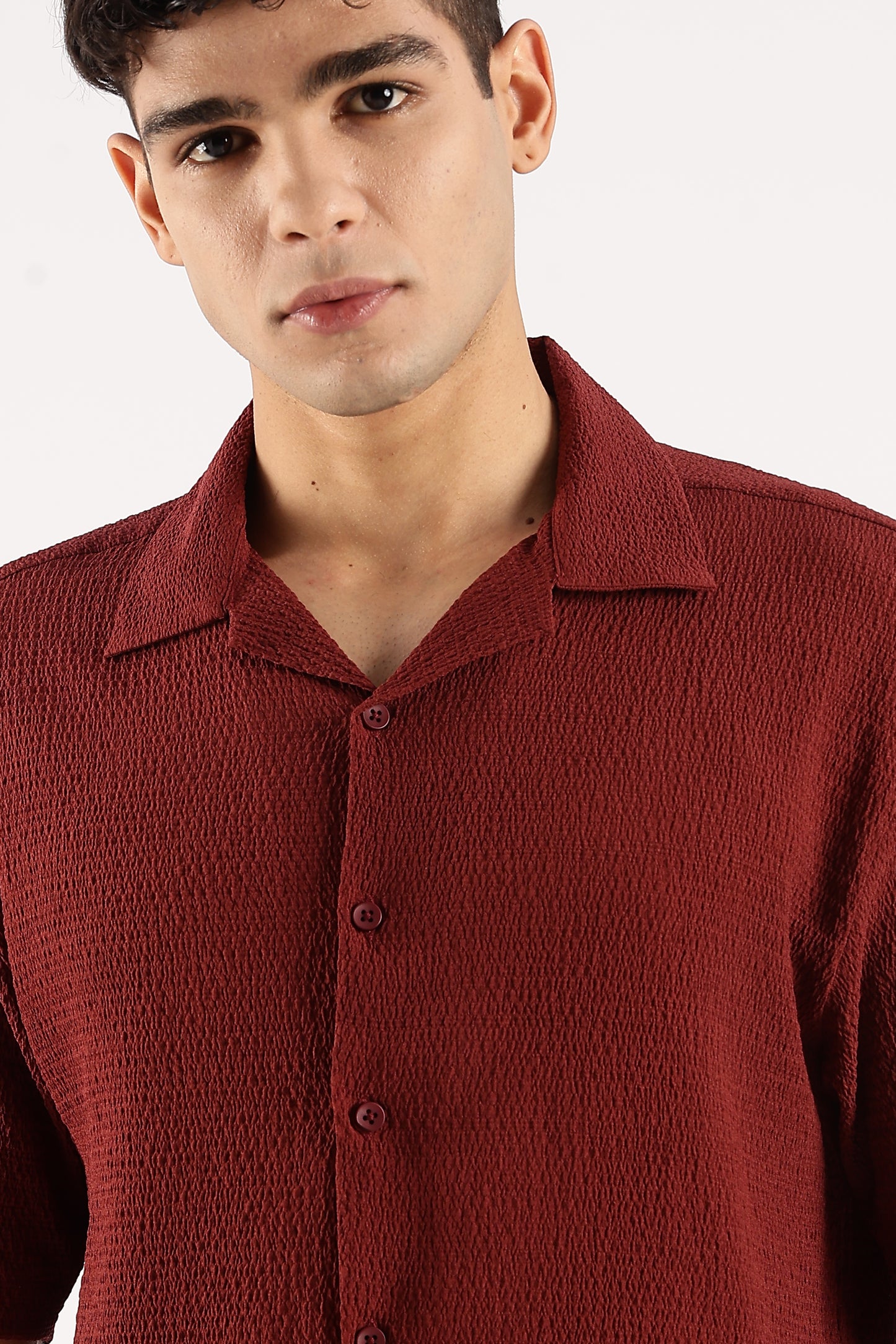 Poly Textured Oversized Shirt Maroon