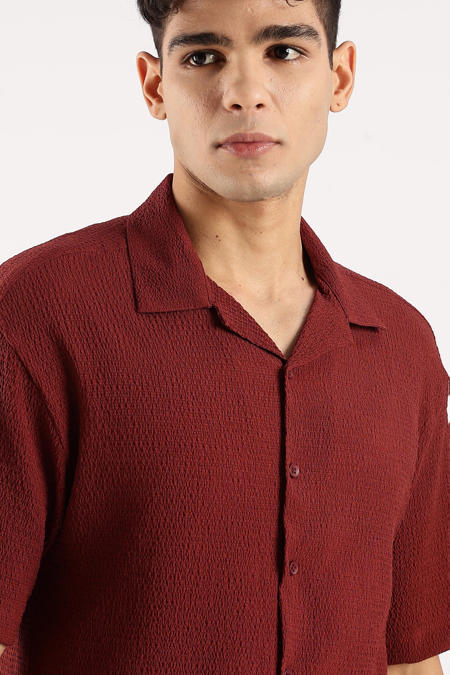 Poly Textured Oversized Shirt Maroon