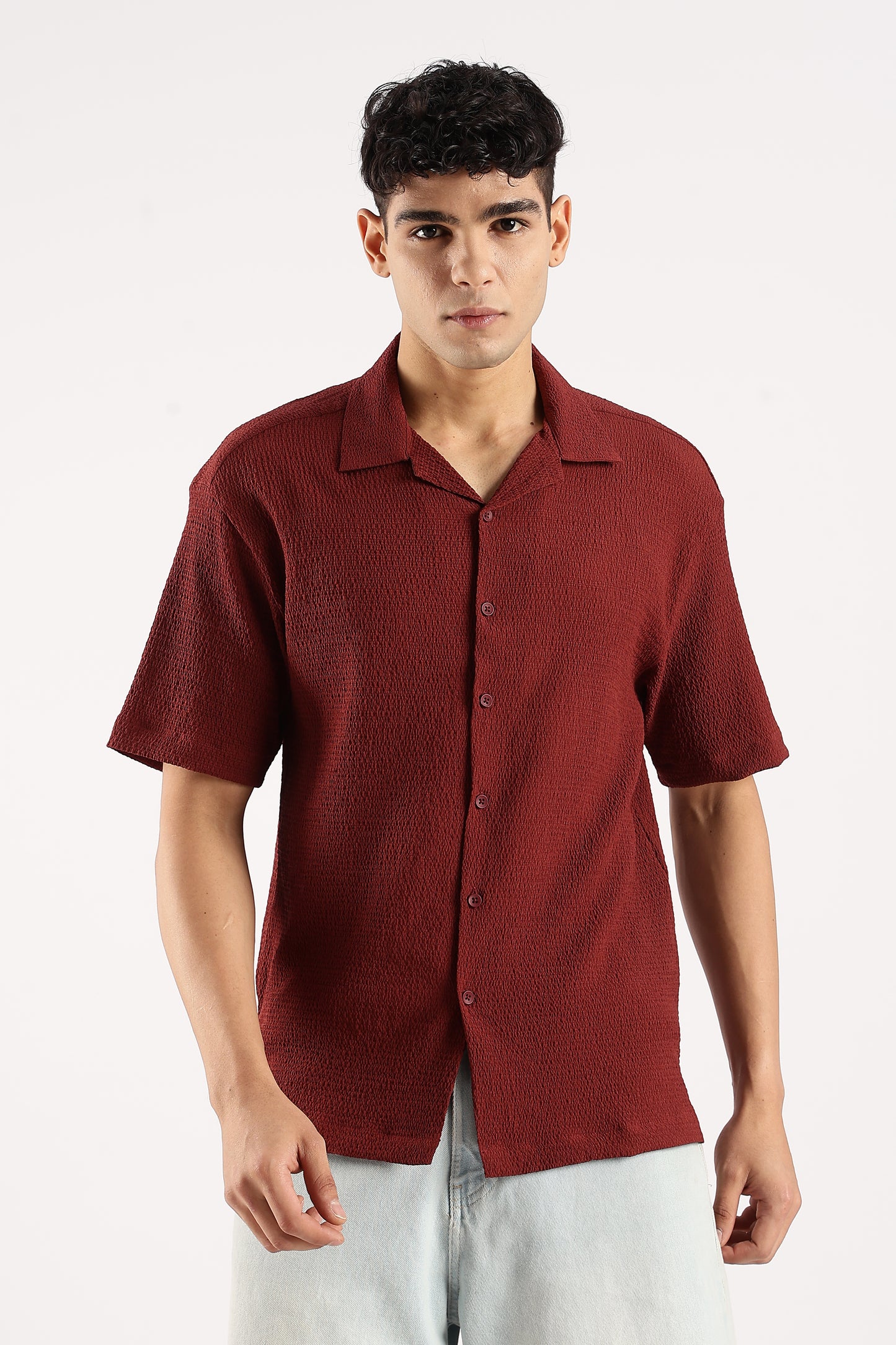 Poly Textured Oversized Shirt Maroon