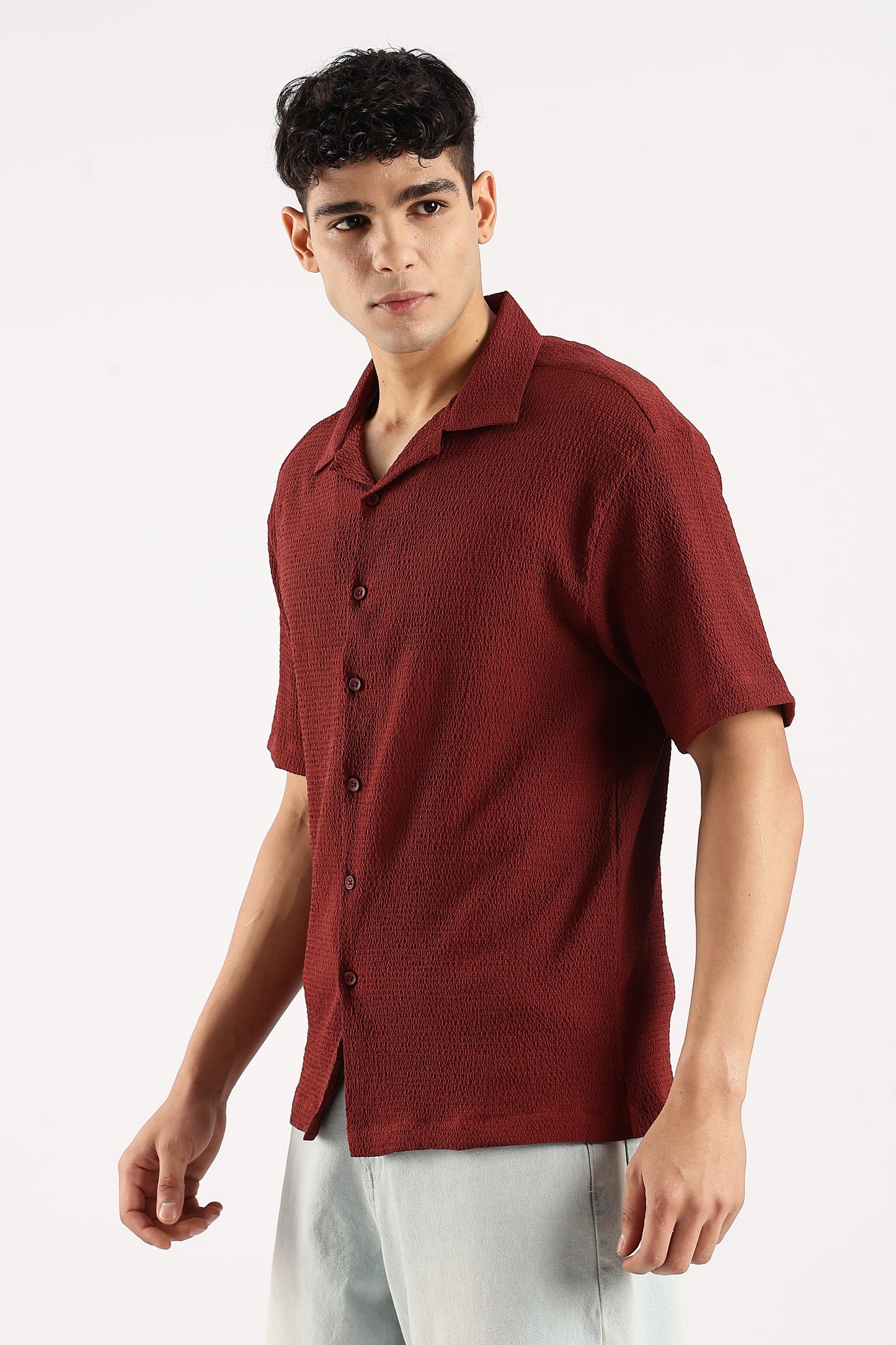 Poly Textured Oversized Shirt Maroon