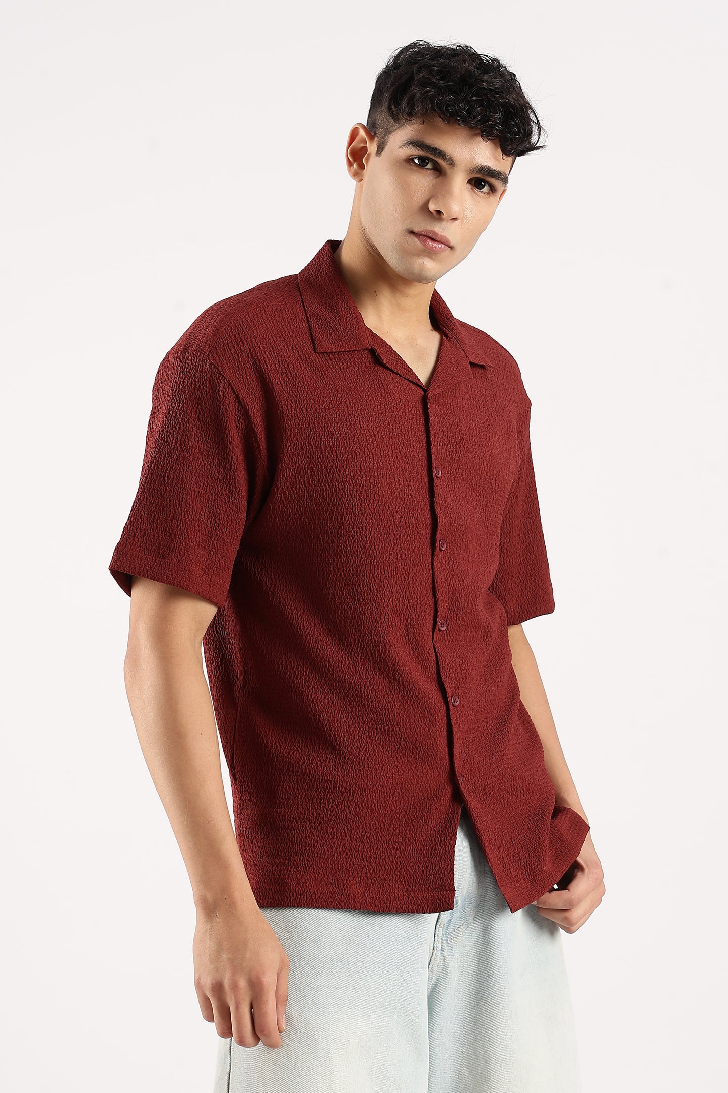 Poly Textured Oversized Shirt Maroon