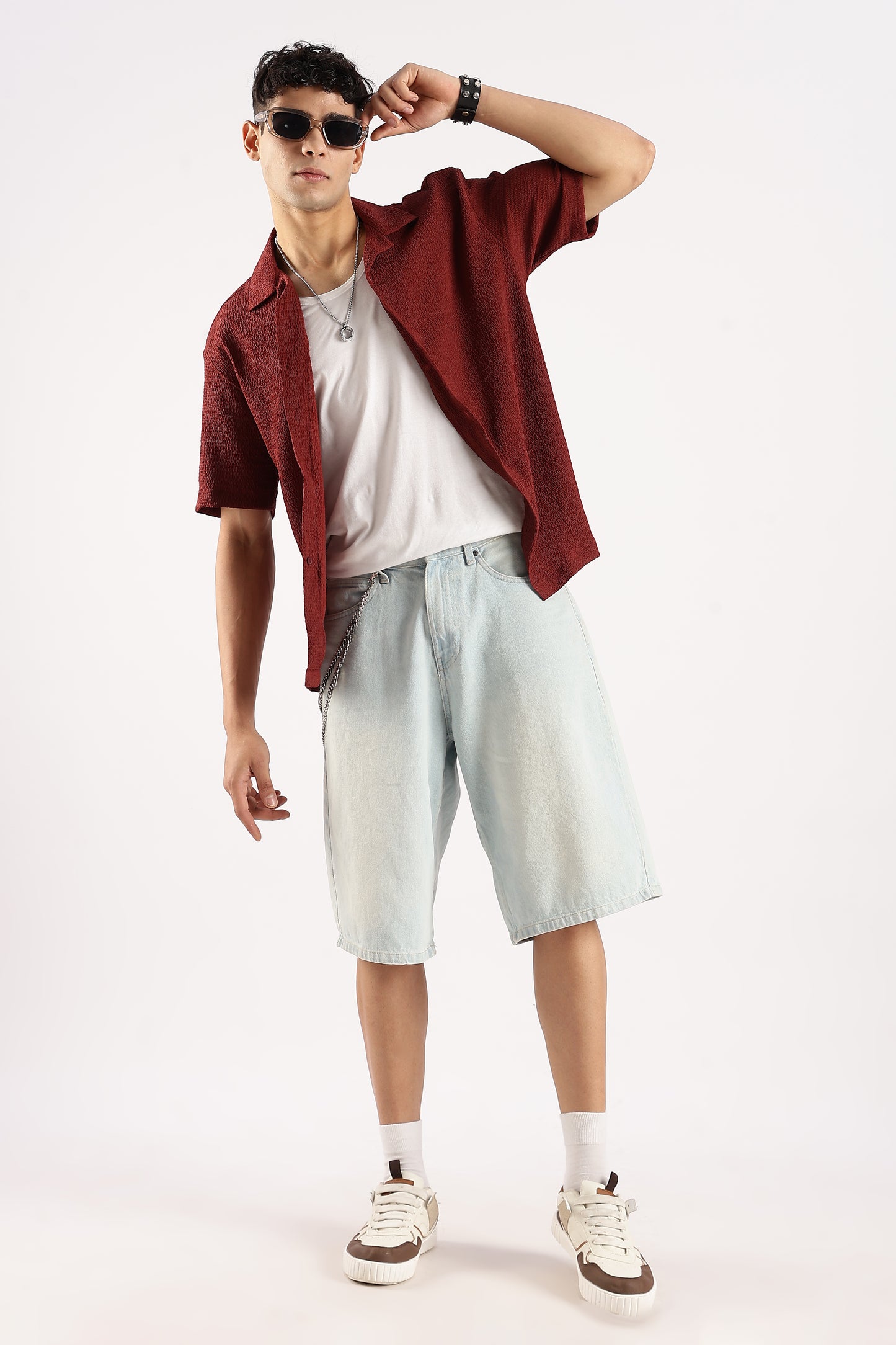 Poly Textured Oversized Shirt Maroon