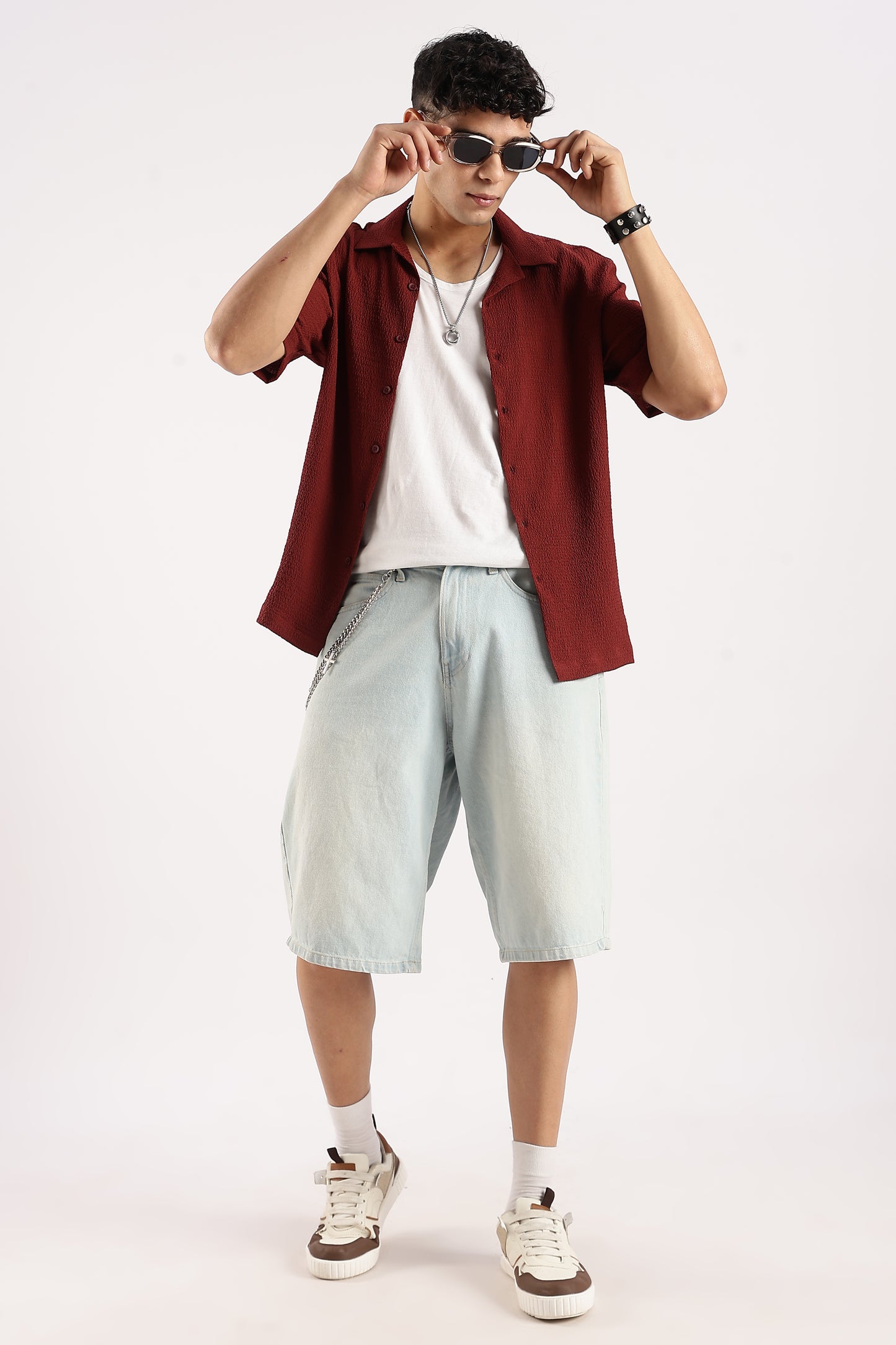 Poly Textured Oversized Shirt Maroon