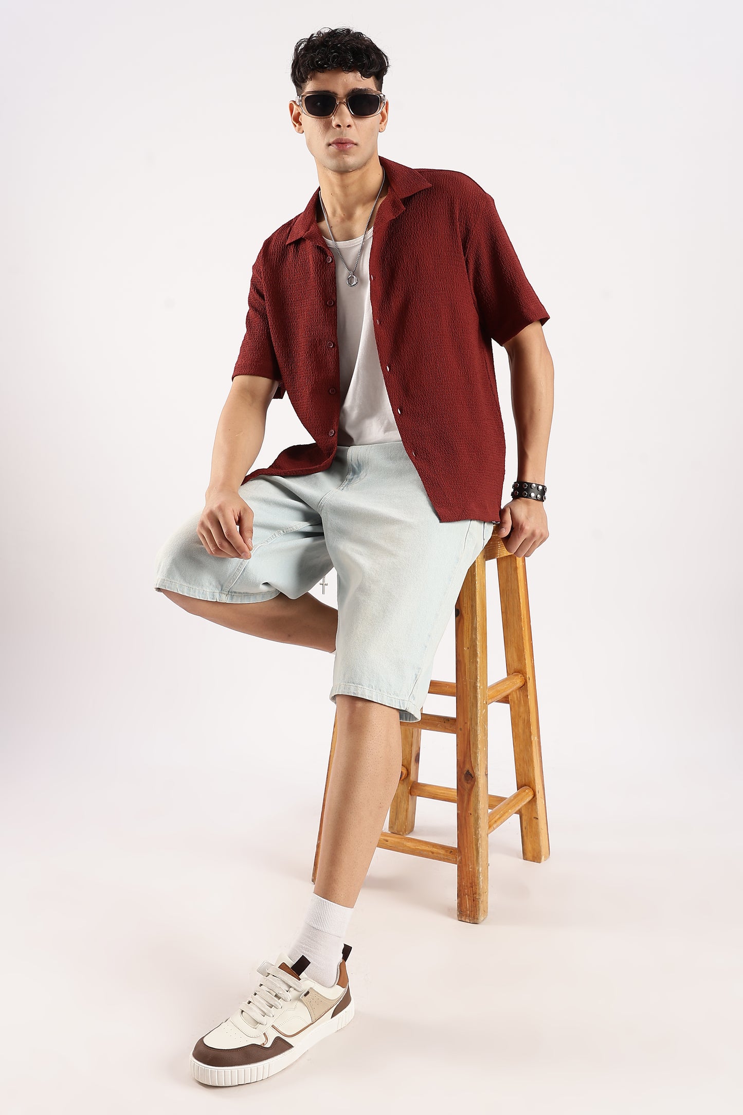 Poly Textured Oversized Shirt Maroon