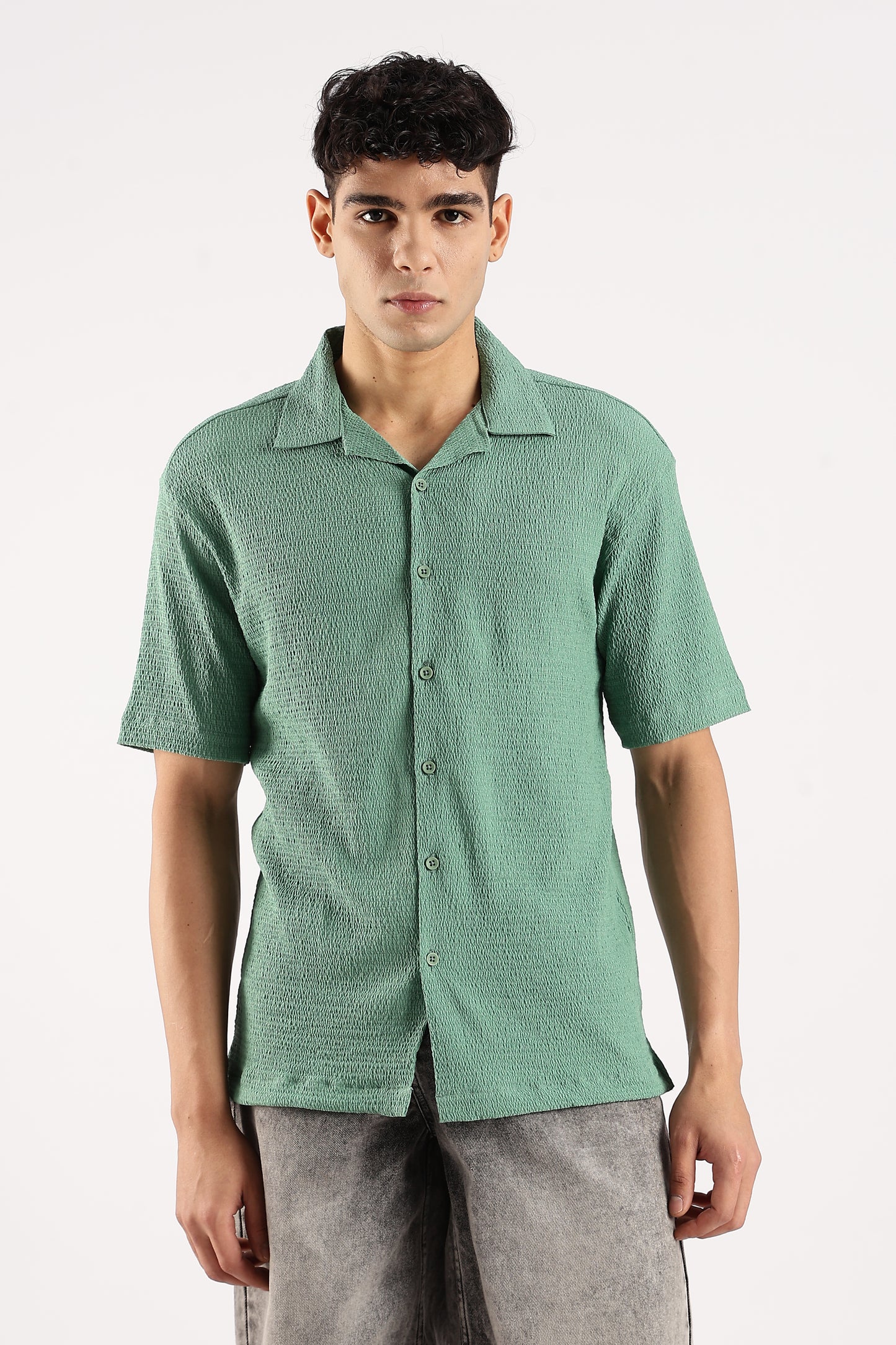 Poly Textured Oversized Shirt Lt Green