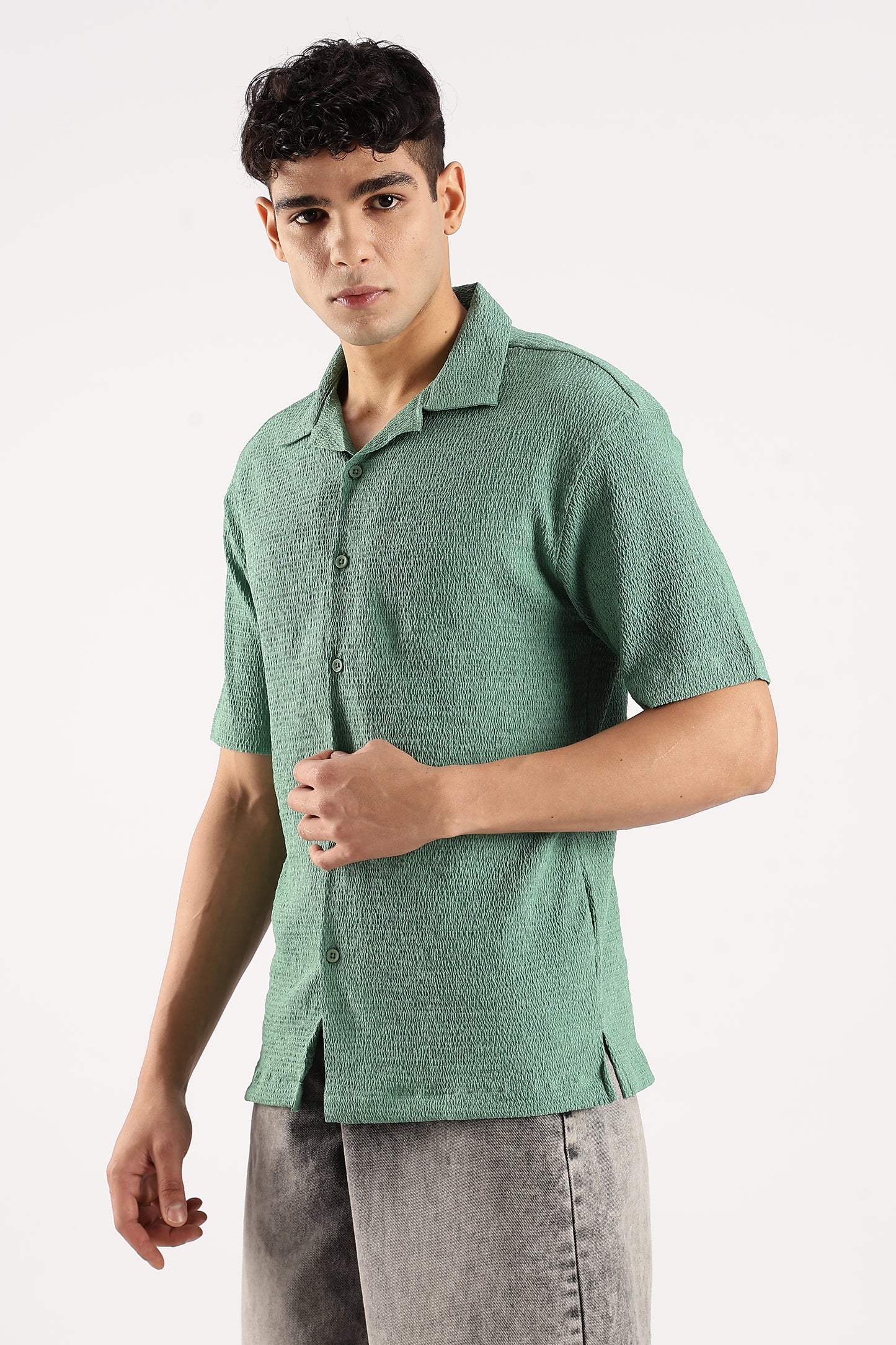Poly Textured Oversized Shirt Lt Green