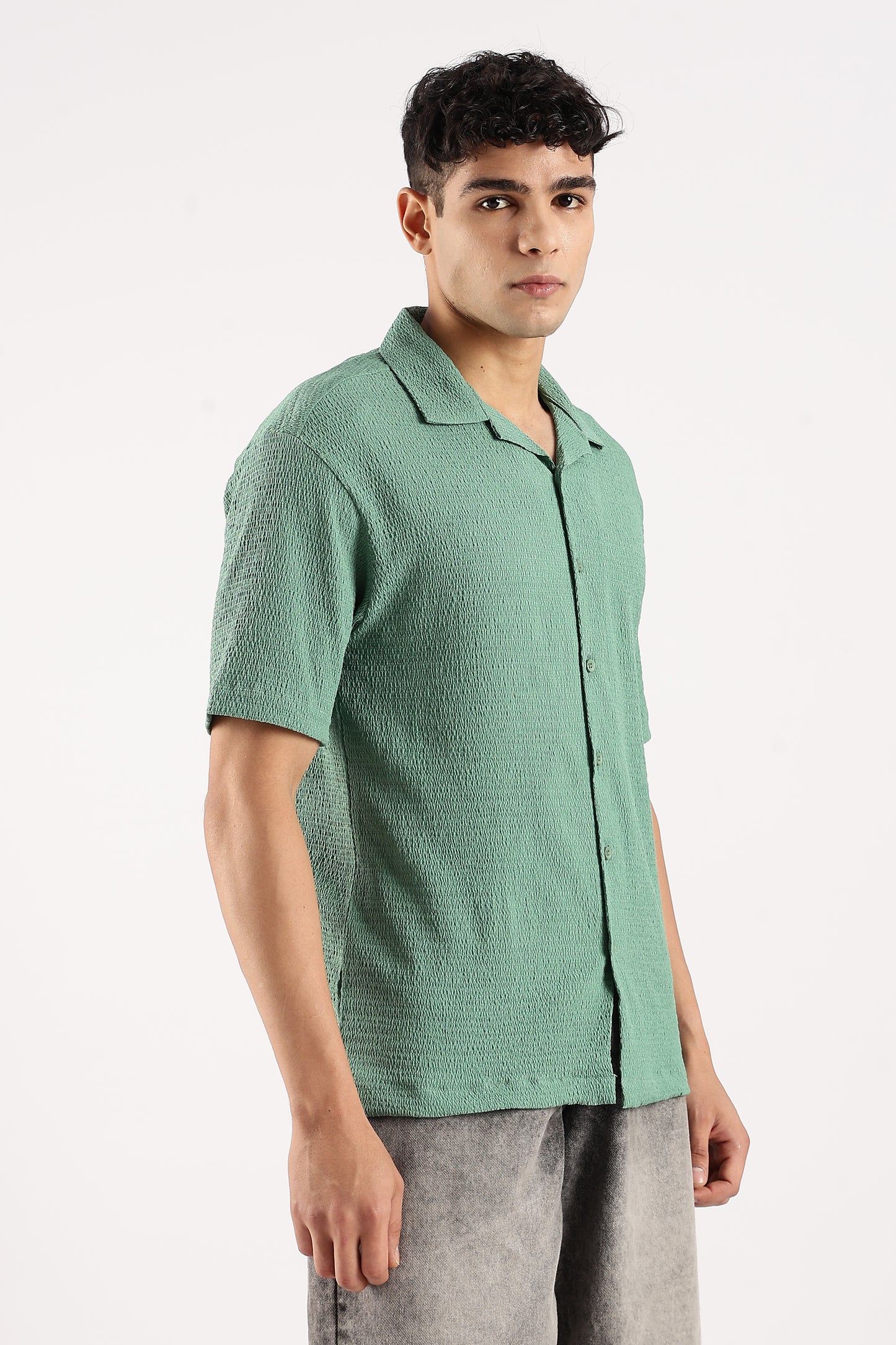 Poly Textured Oversized Shirt Lt Green
