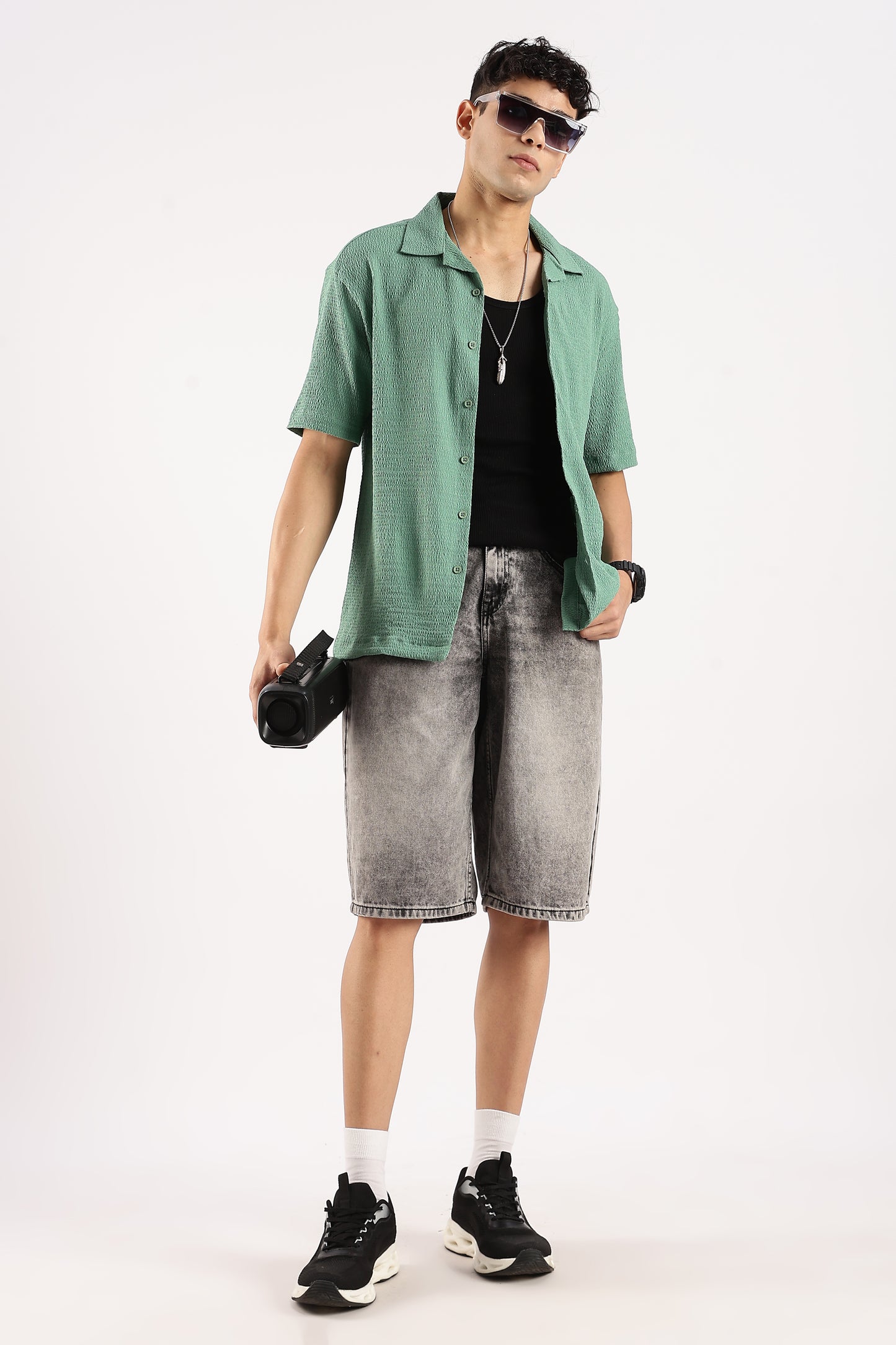Poly Textured Oversized Shirt Lt Green