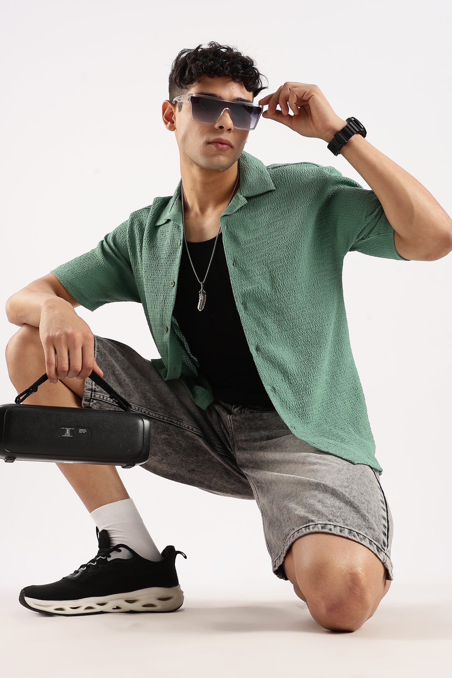 Poly Textured Oversized Shirt Lt Green
