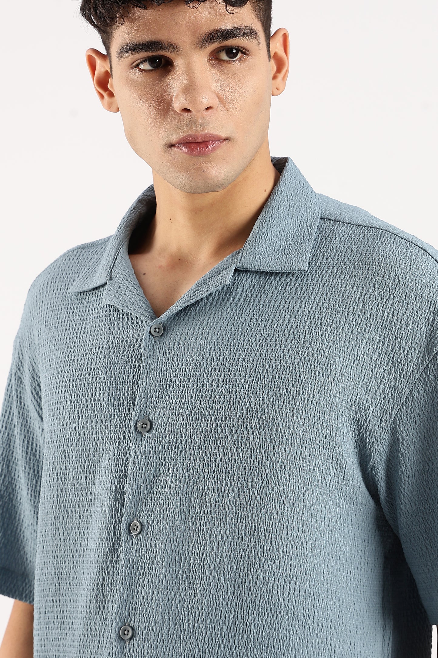 Poly Textured Oversized Shirt Lt Blue