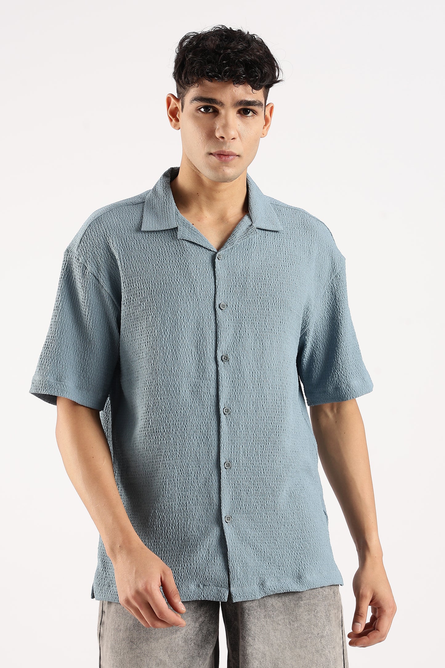 Poly Textured Oversized Shirt Lt Blue