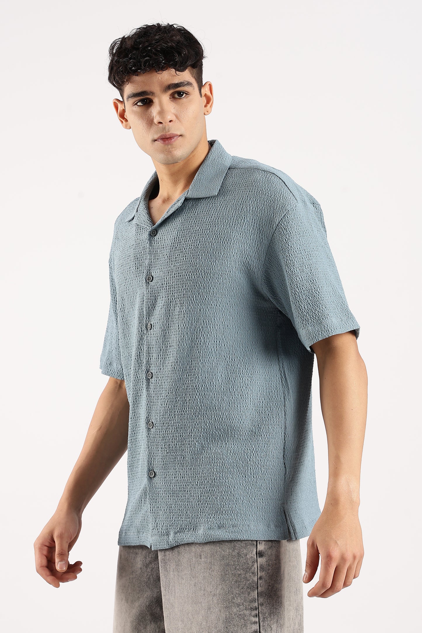 Poly Textured Oversized Shirt Lt Blue
