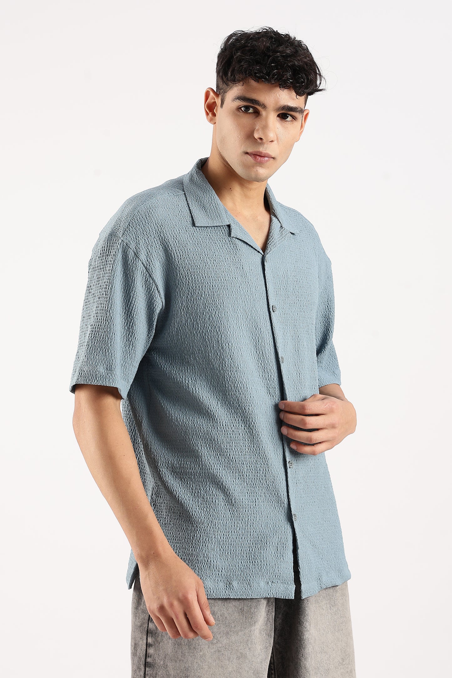 Poly Textured Oversized Shirt Lt Blue