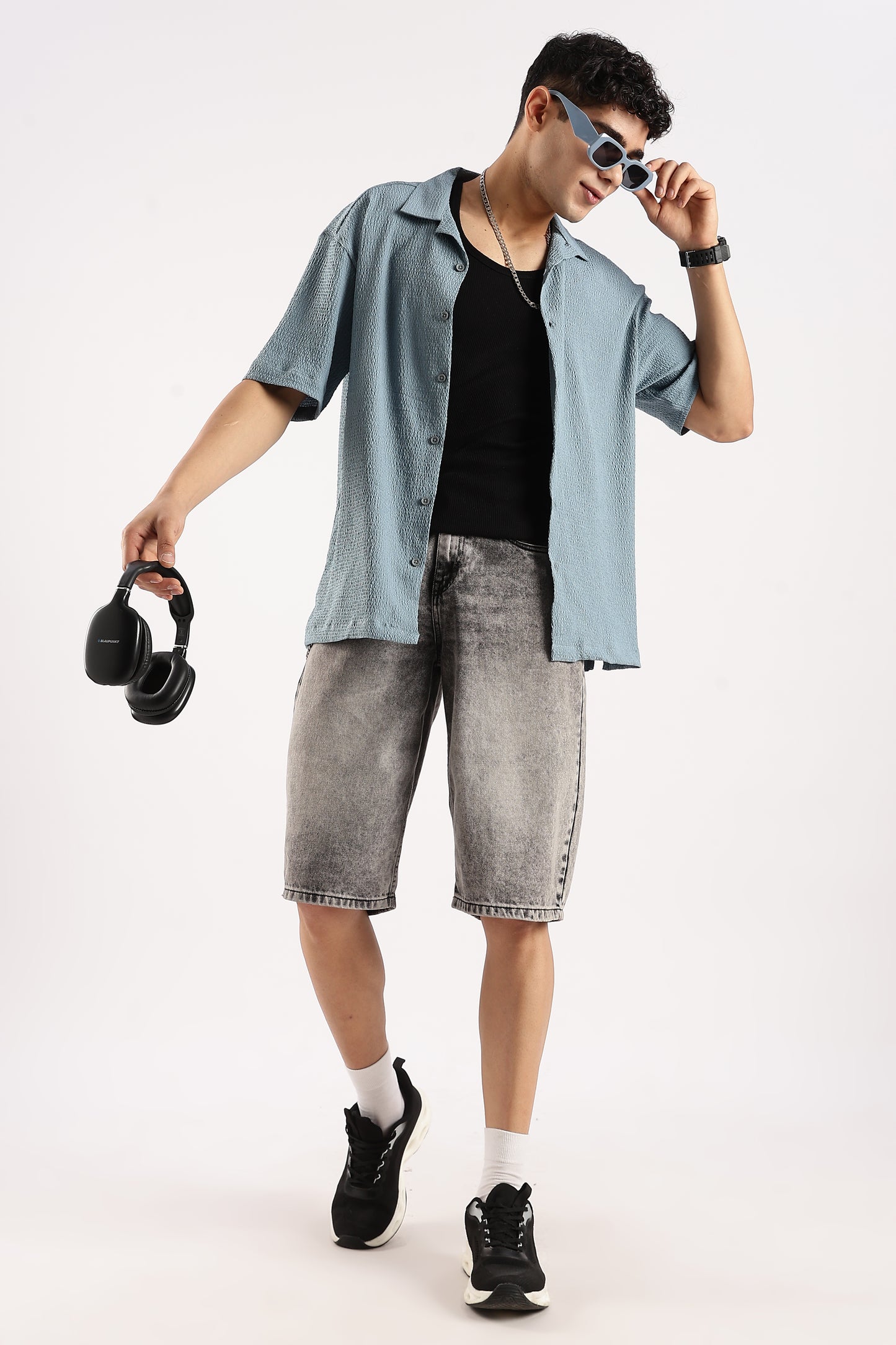 Poly Textured Oversized Shirt Lt Blue