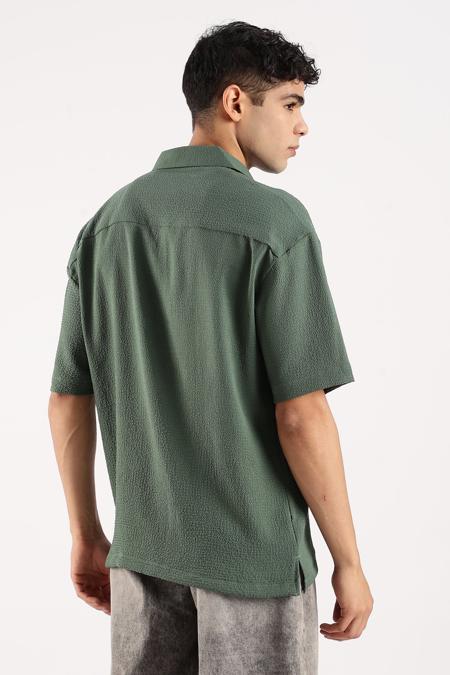 Poly Textured Oversized Shirt Green
