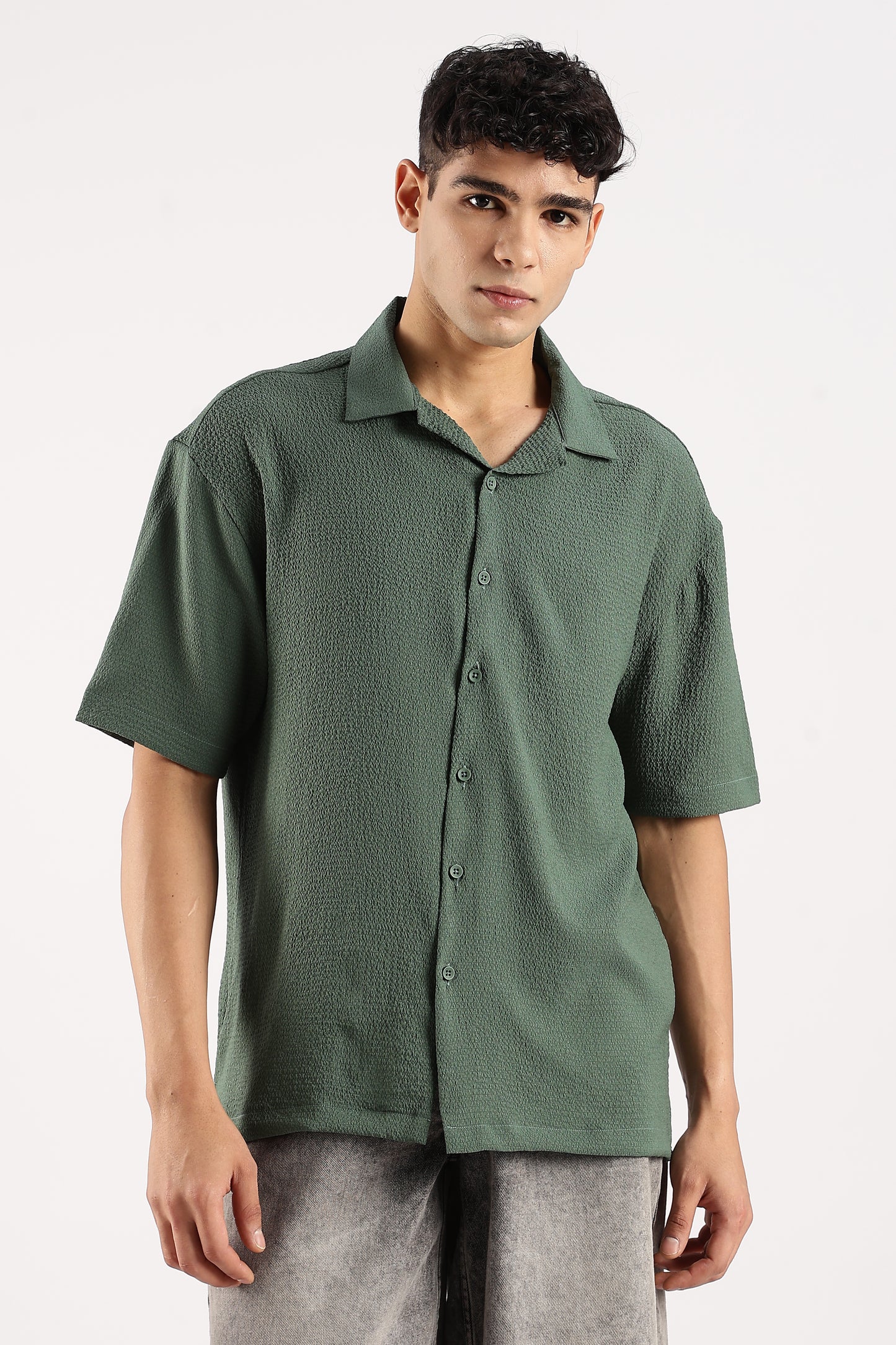 Poly Textured Oversized Shirt Green