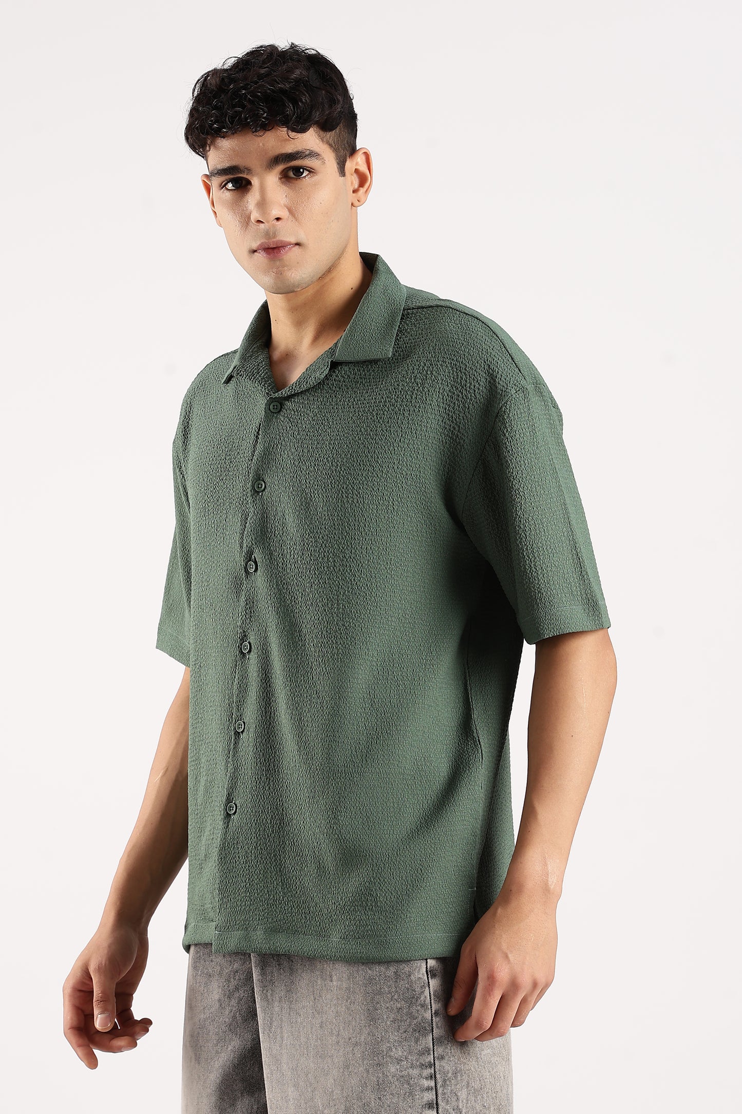 Poly Textured Oversized Shirt Green