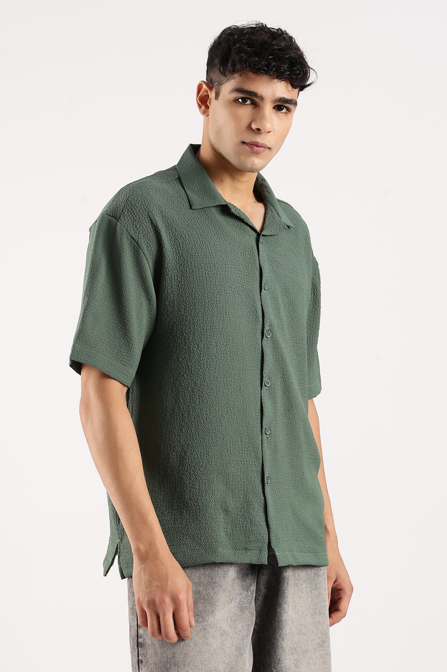 Poly Textured Oversized Shirt Green