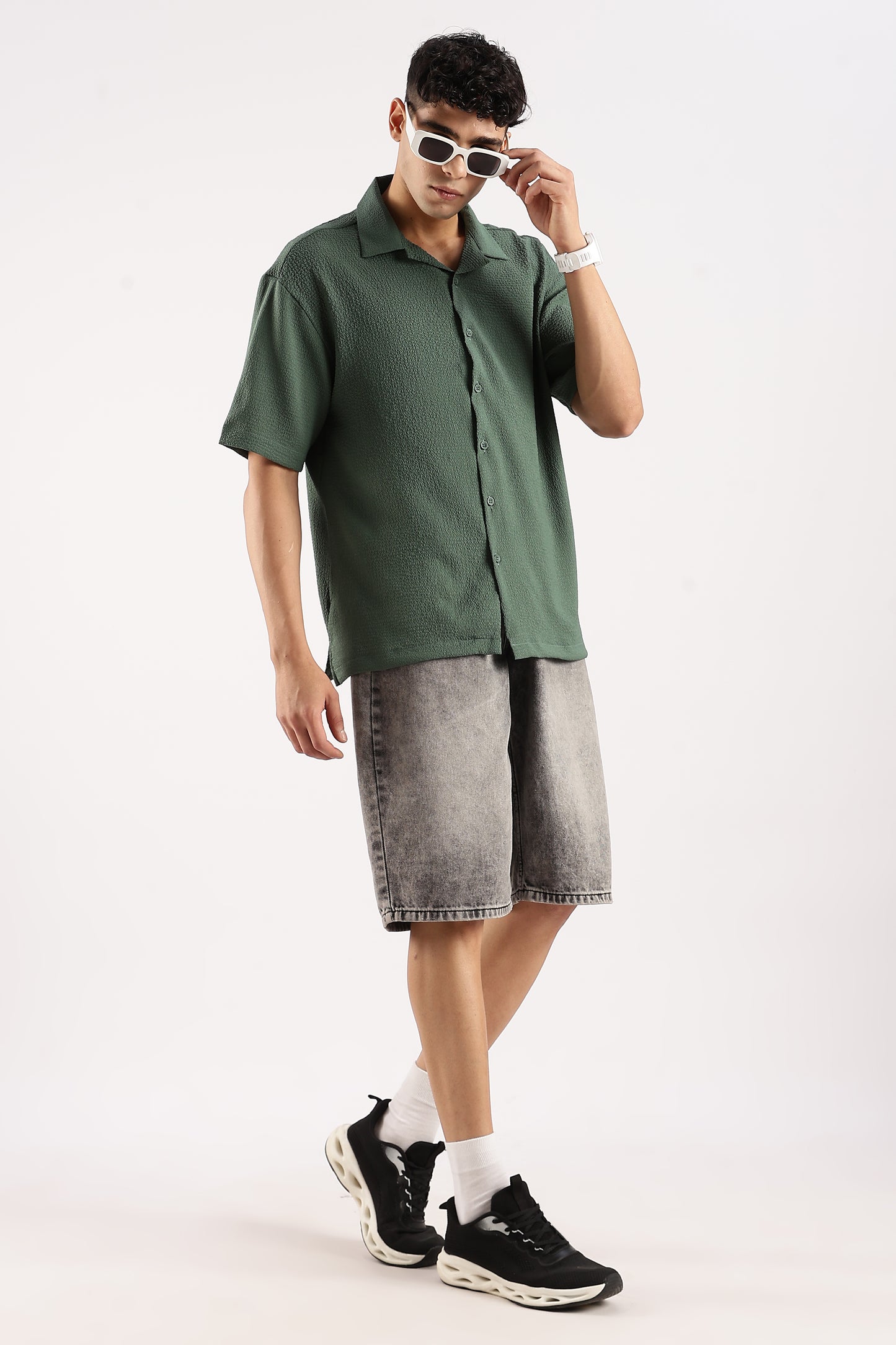 Poly Textured Oversized Shirt Green
