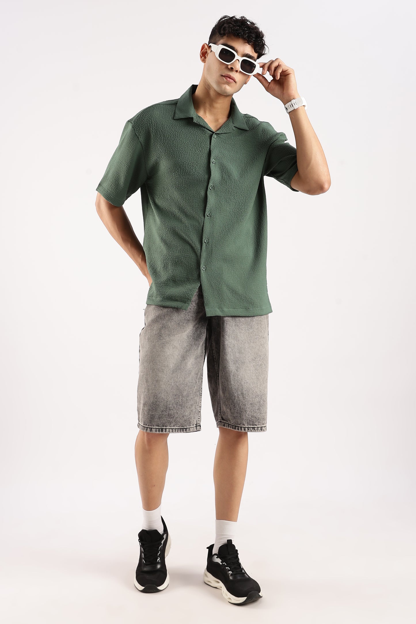 Poly Textured Oversized Shirt Green