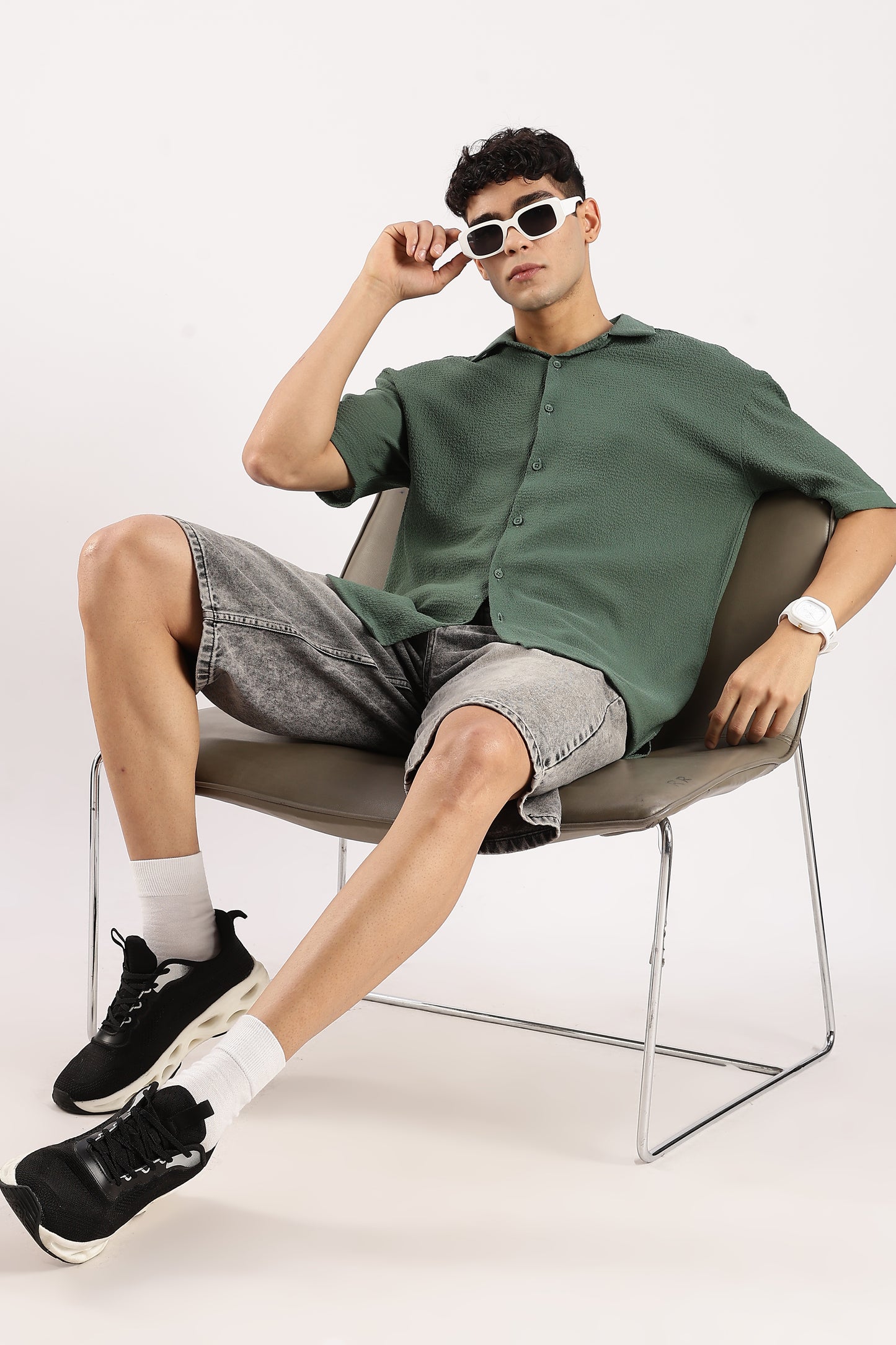 Poly Textured Oversized Shirt Green