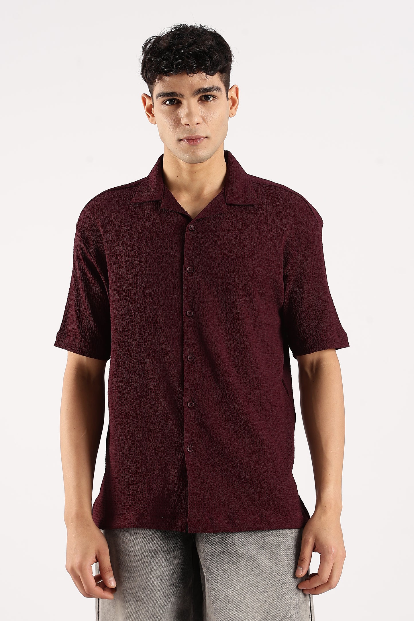 Poly Textured Oversized Shirt Burgundy