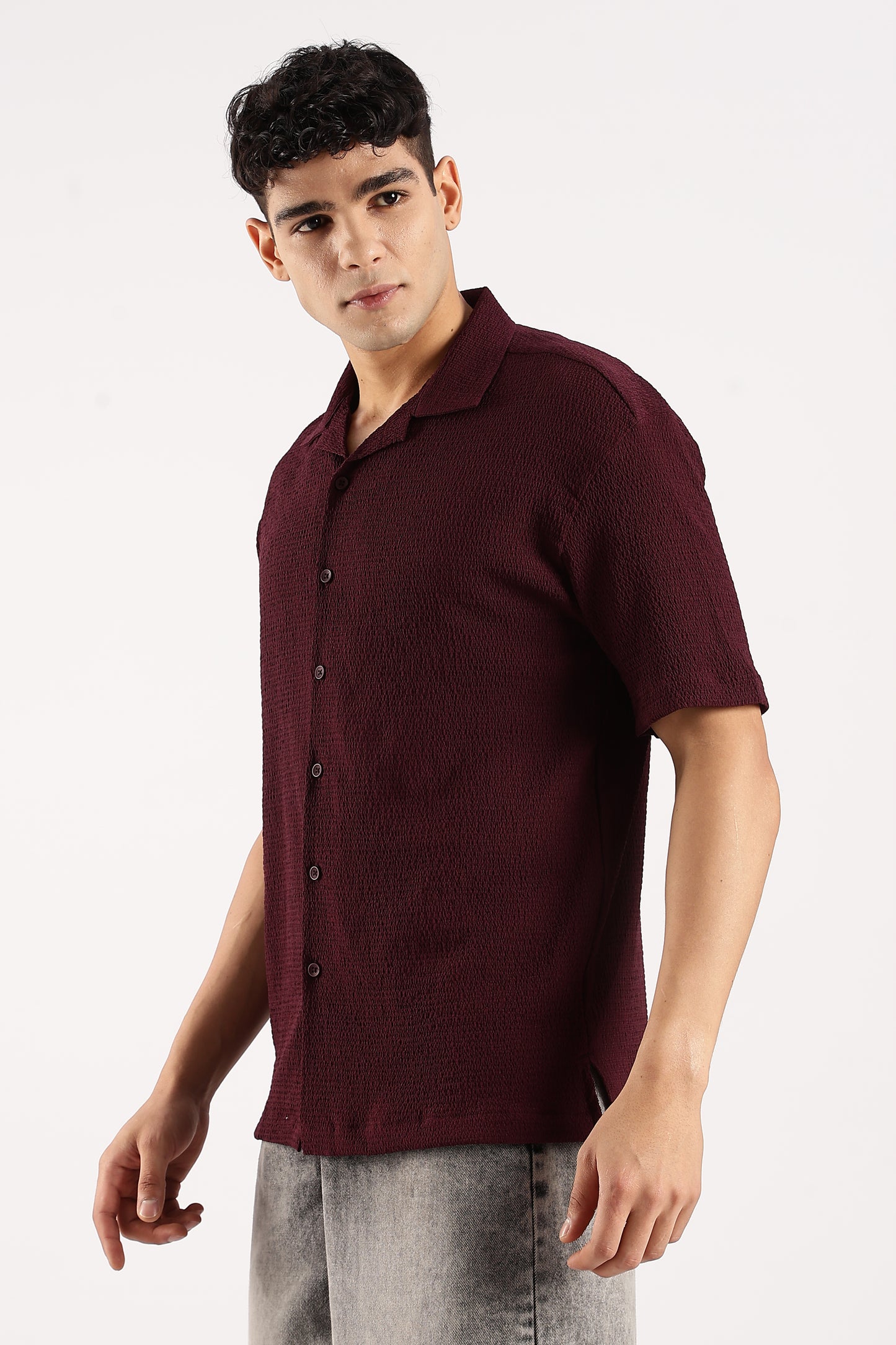 Poly Textured Oversized Shirt Burgundy