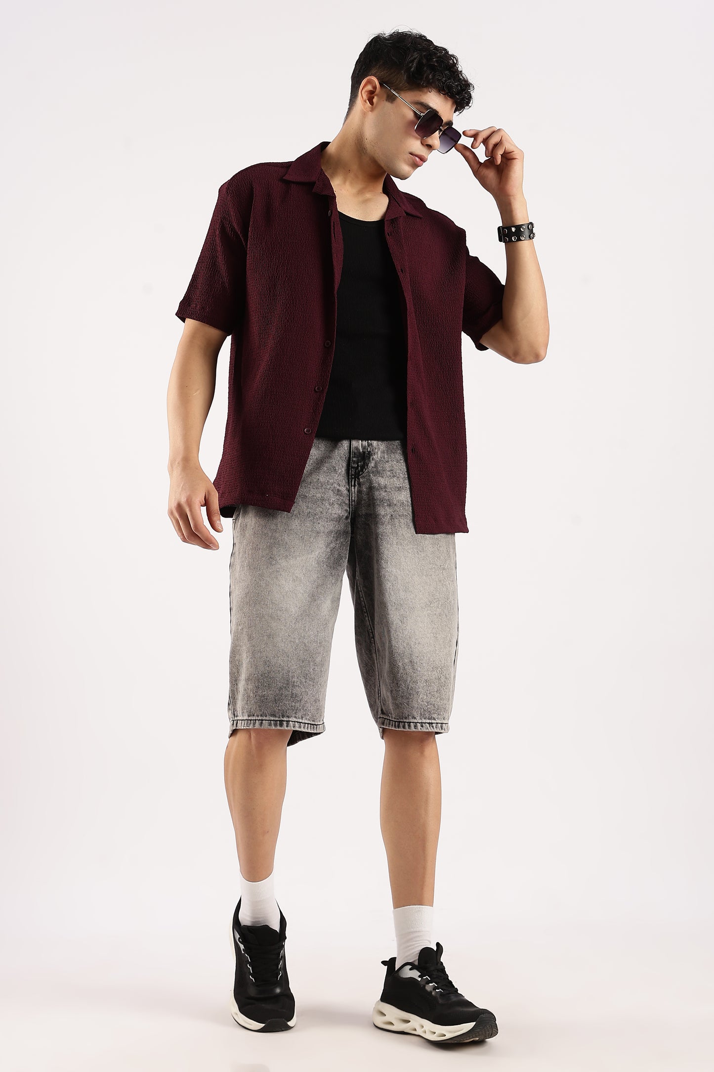 Poly Textured Oversized Shirt Burgundy