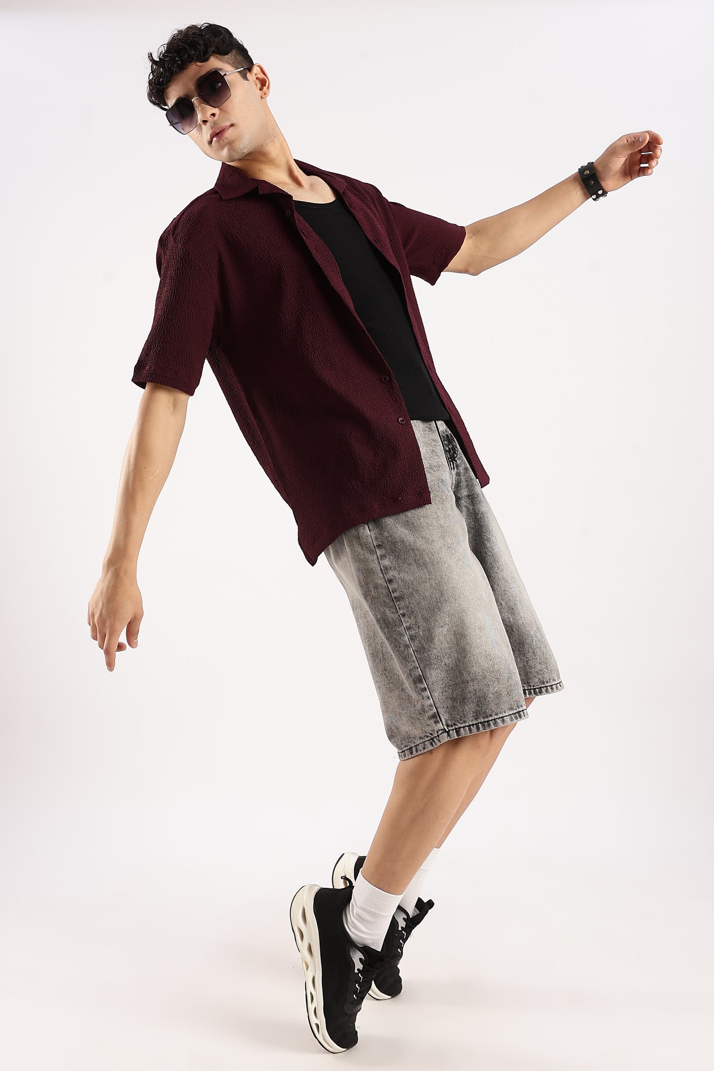 Poly Textured Oversized Shirt Burgundy