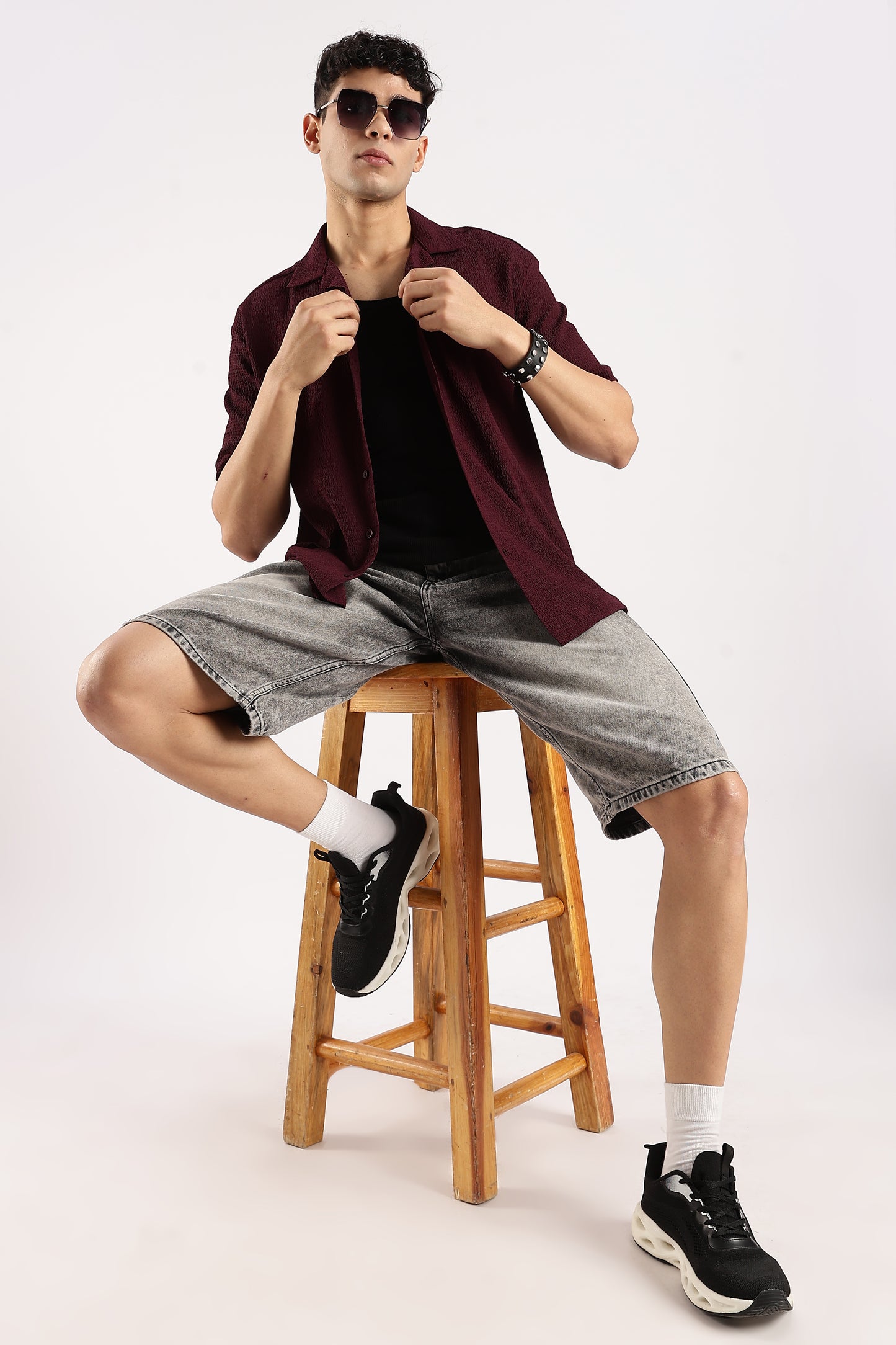 Poly Textured Oversized Shirt Burgundy