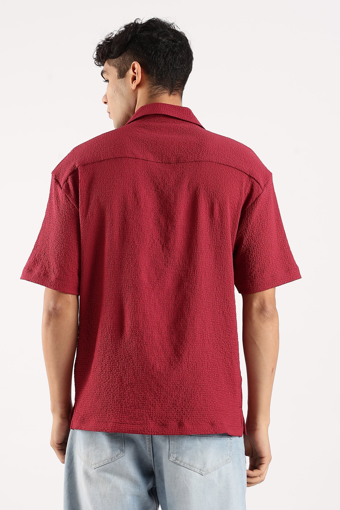 Poly Textured Oversized Shirt Red