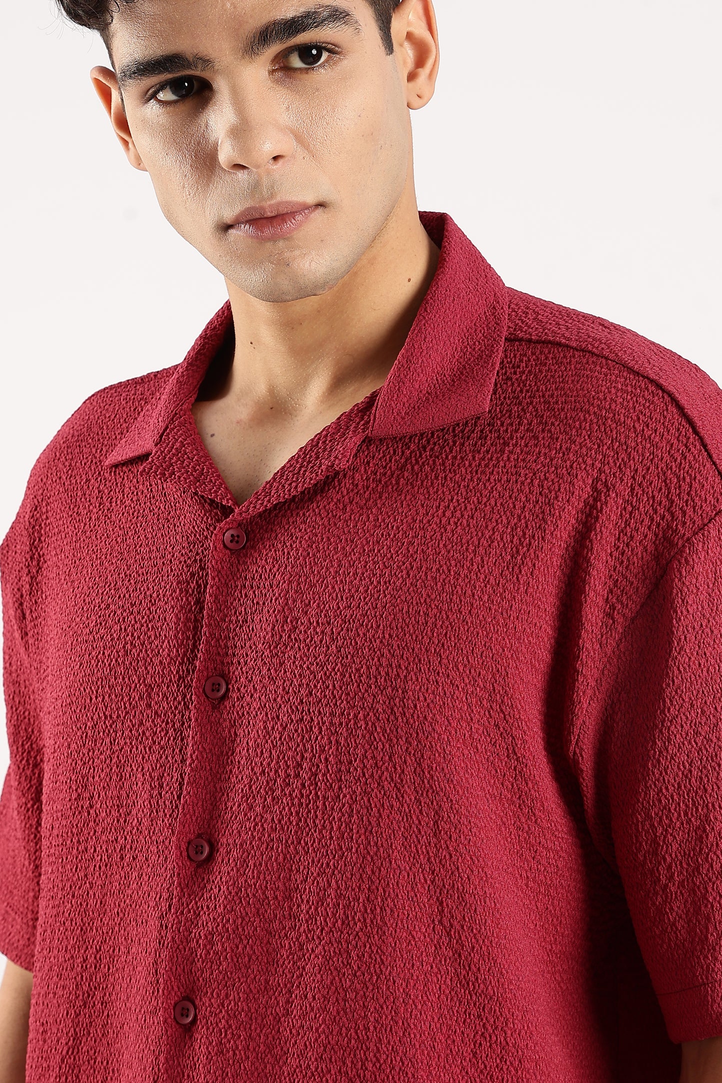 Poly Textured Oversized Shirt Red